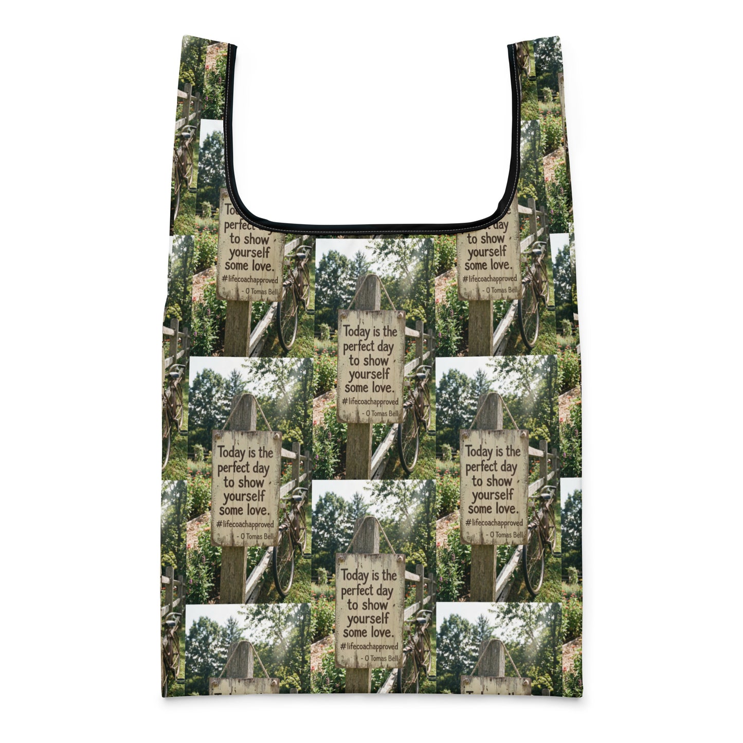 Self Love shopping bag front view with forest sign print and black U-shaped trim