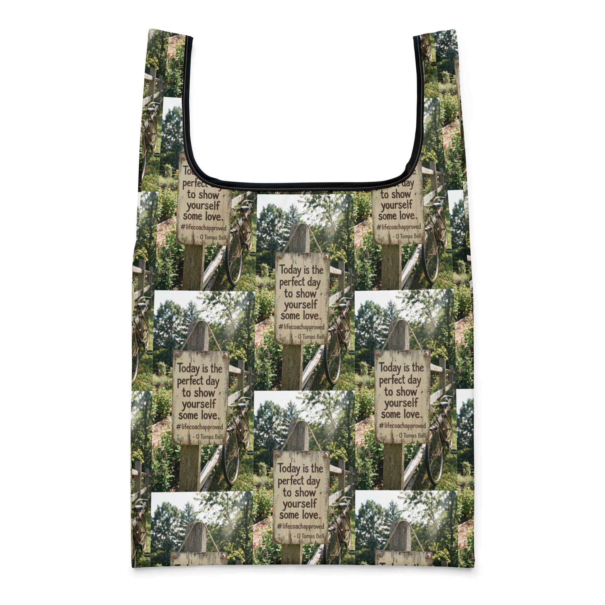 Self Love shopping bag front view with forest sign print and black U-shaped trim