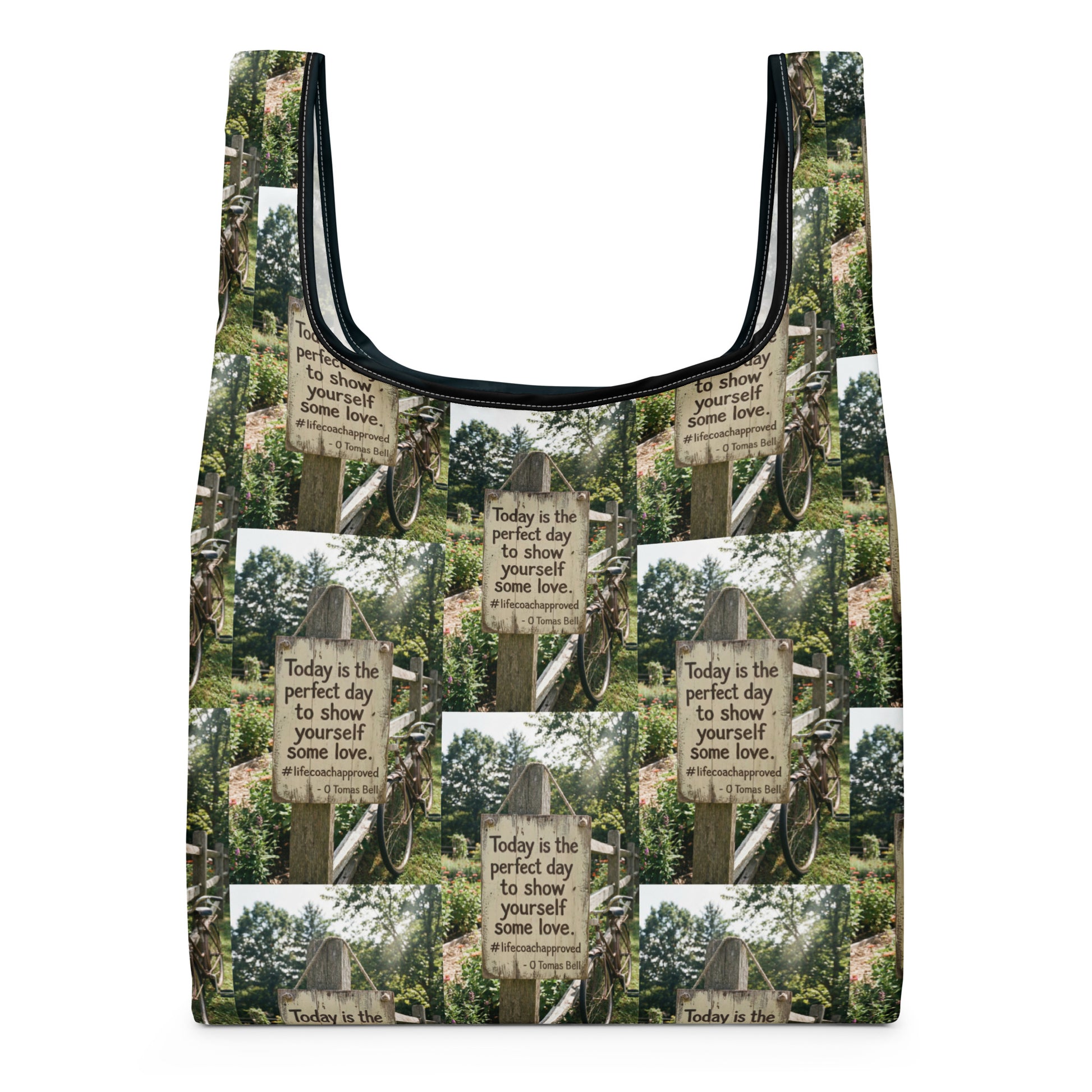 Self Love shopping bag with forest sign print, black-piped edges and open top