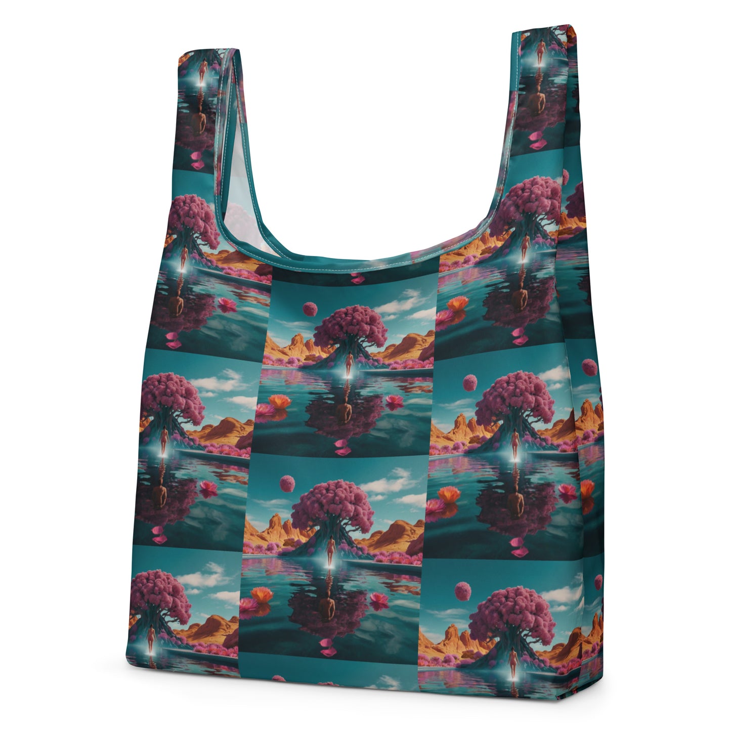 Printed shopping bag with wide U handles and teal trim; symmetrical fantasy landscape pattern front.