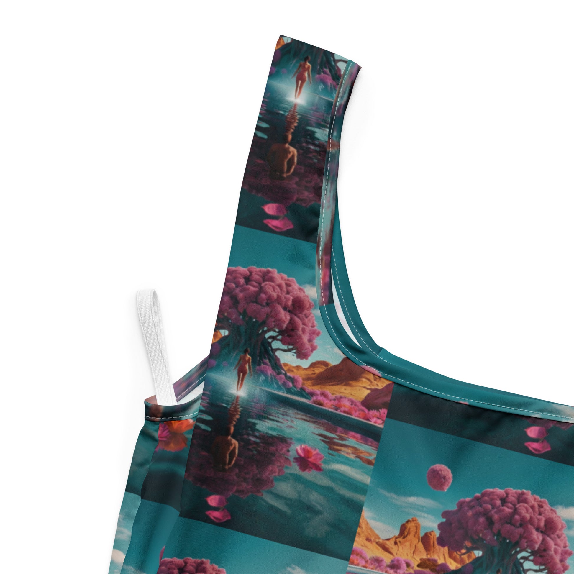 Printed shopping bag side view highlighting teal-trimmed handles and fantasy scene pattern.