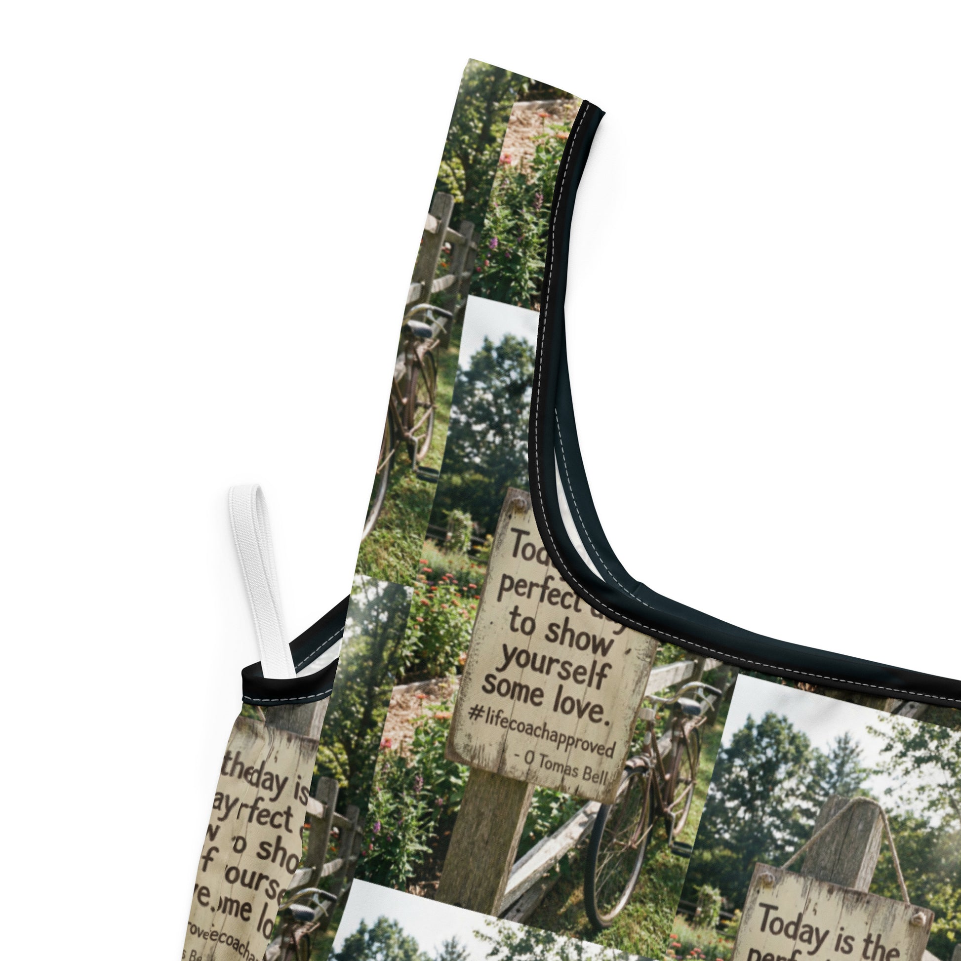 Self Love shopping bag close-up of forest sign print with black-trimmed edge