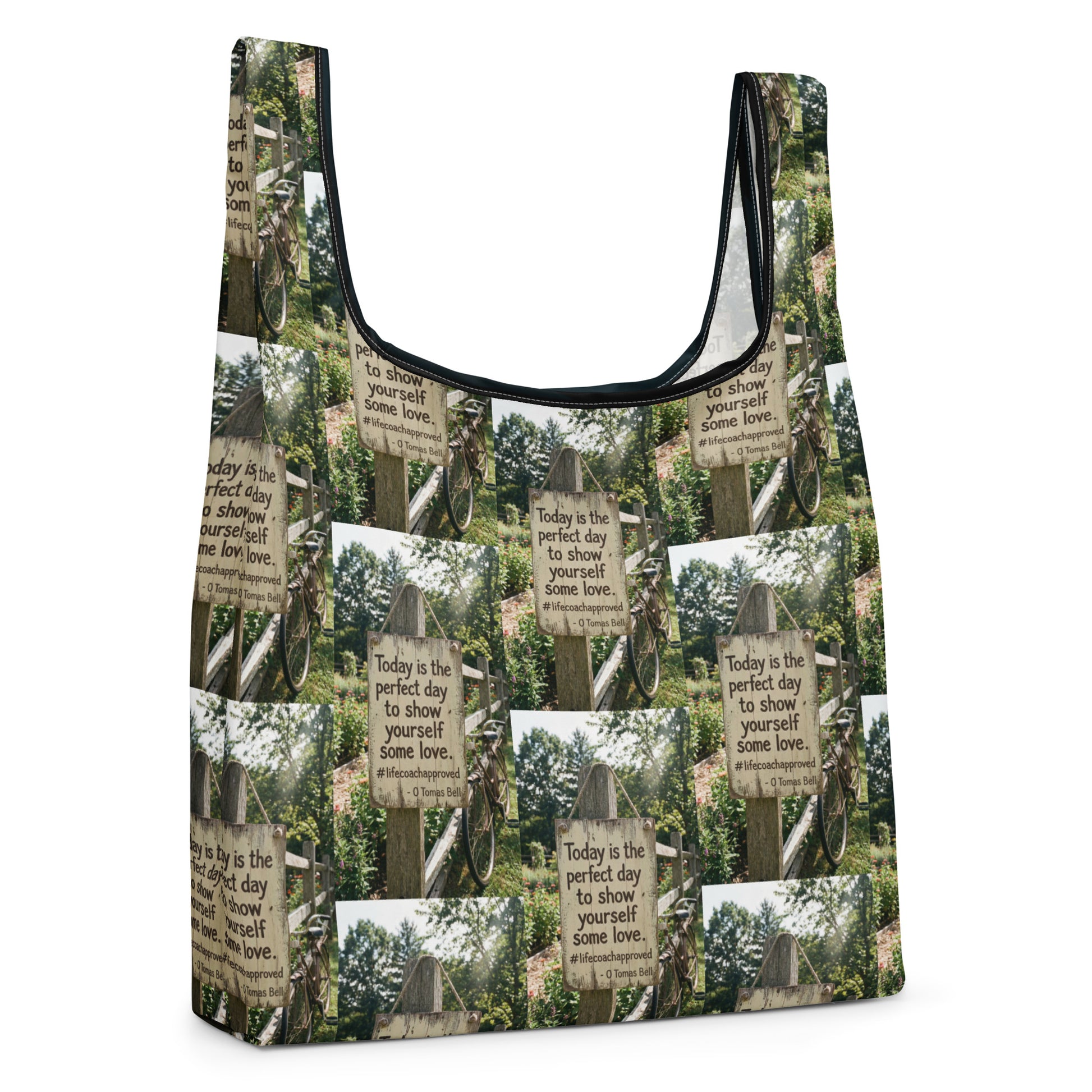 Self Love shopping bag with forest sign print, black-trimmed wide U-shaped opening