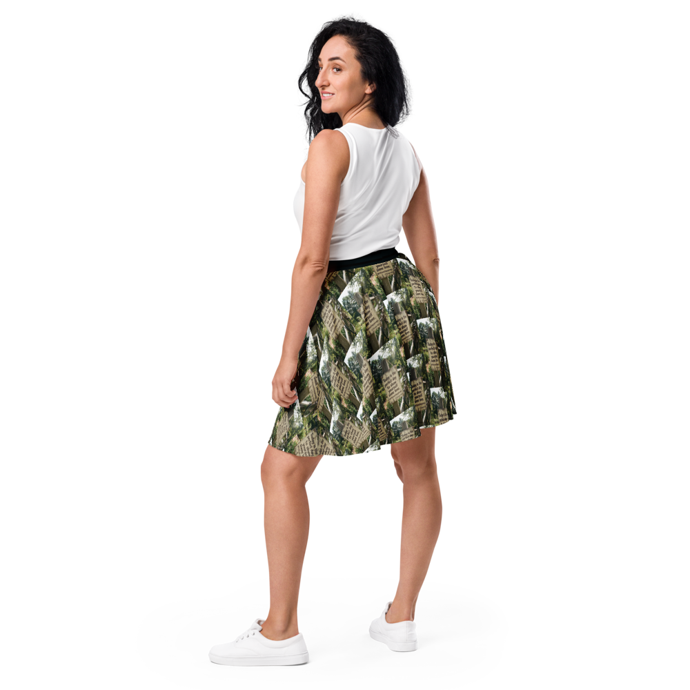 Green printed skater skirt with black waistband, knee-grazing flare