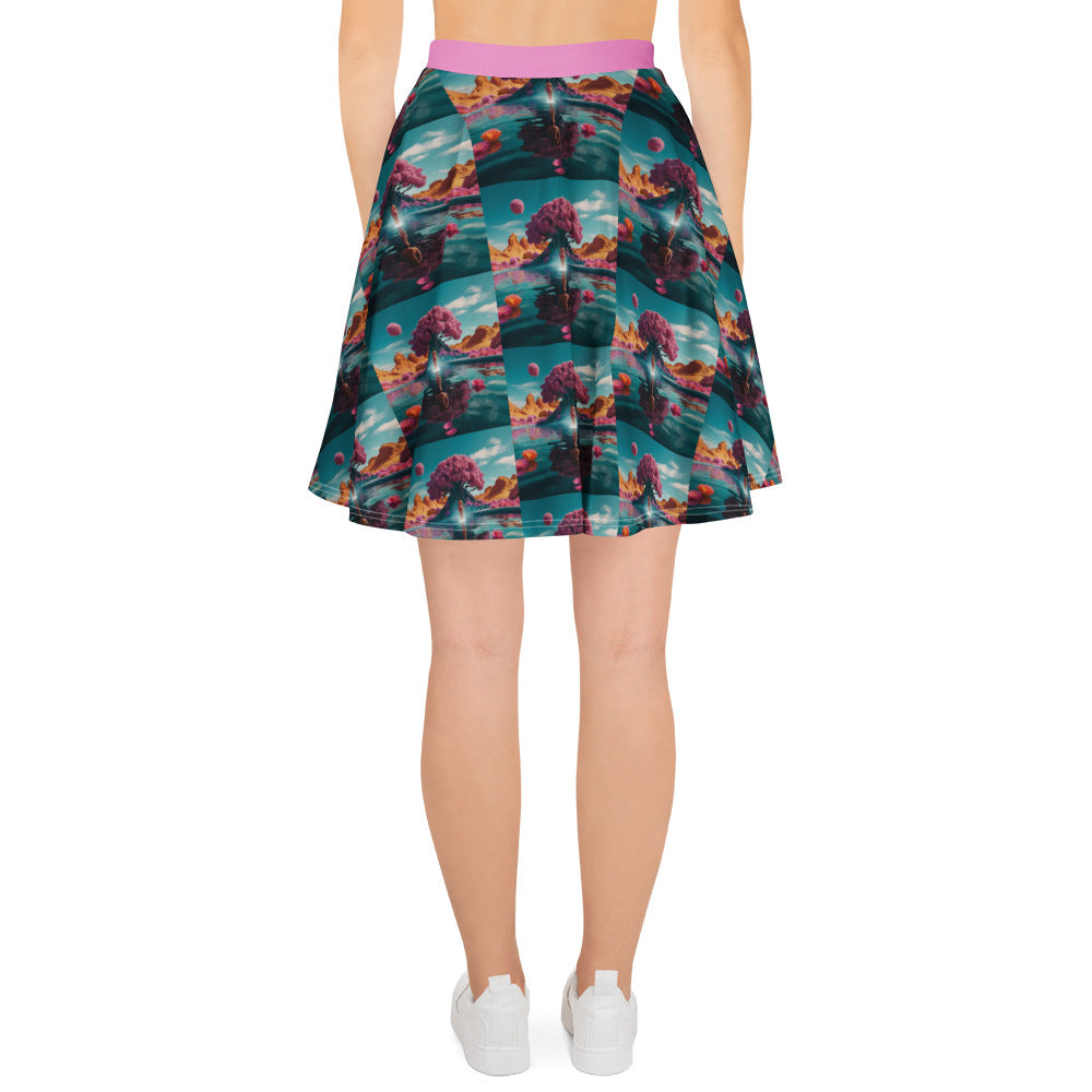 Teal skater skirt with purple waistband, bold floral scene print and flare hem