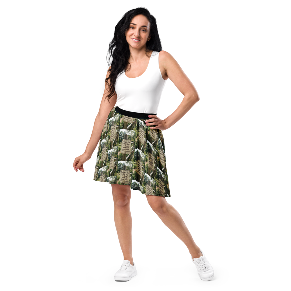 Green printed skater skirt with black waistband, A-line skater shape