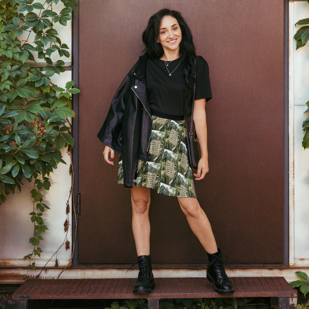 Green printed skater skirt with black waistband, flared hemline