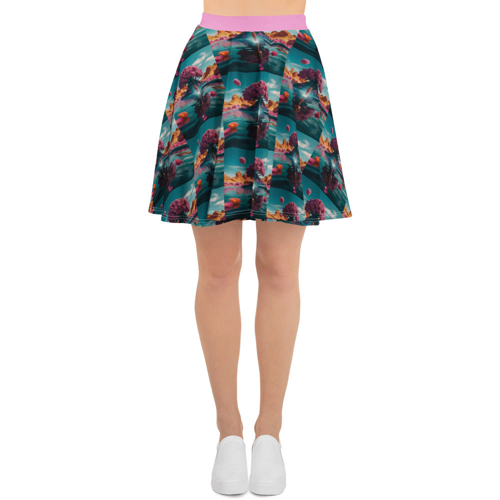 Teal printed skater skirt with purple waistband and gathered box-pleat style