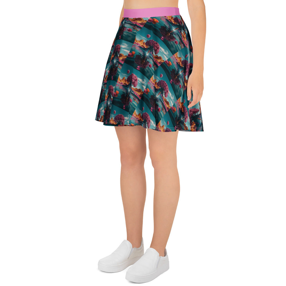 Teal skater skirt with purple waistband, colorful floral pattern and flared silhouette