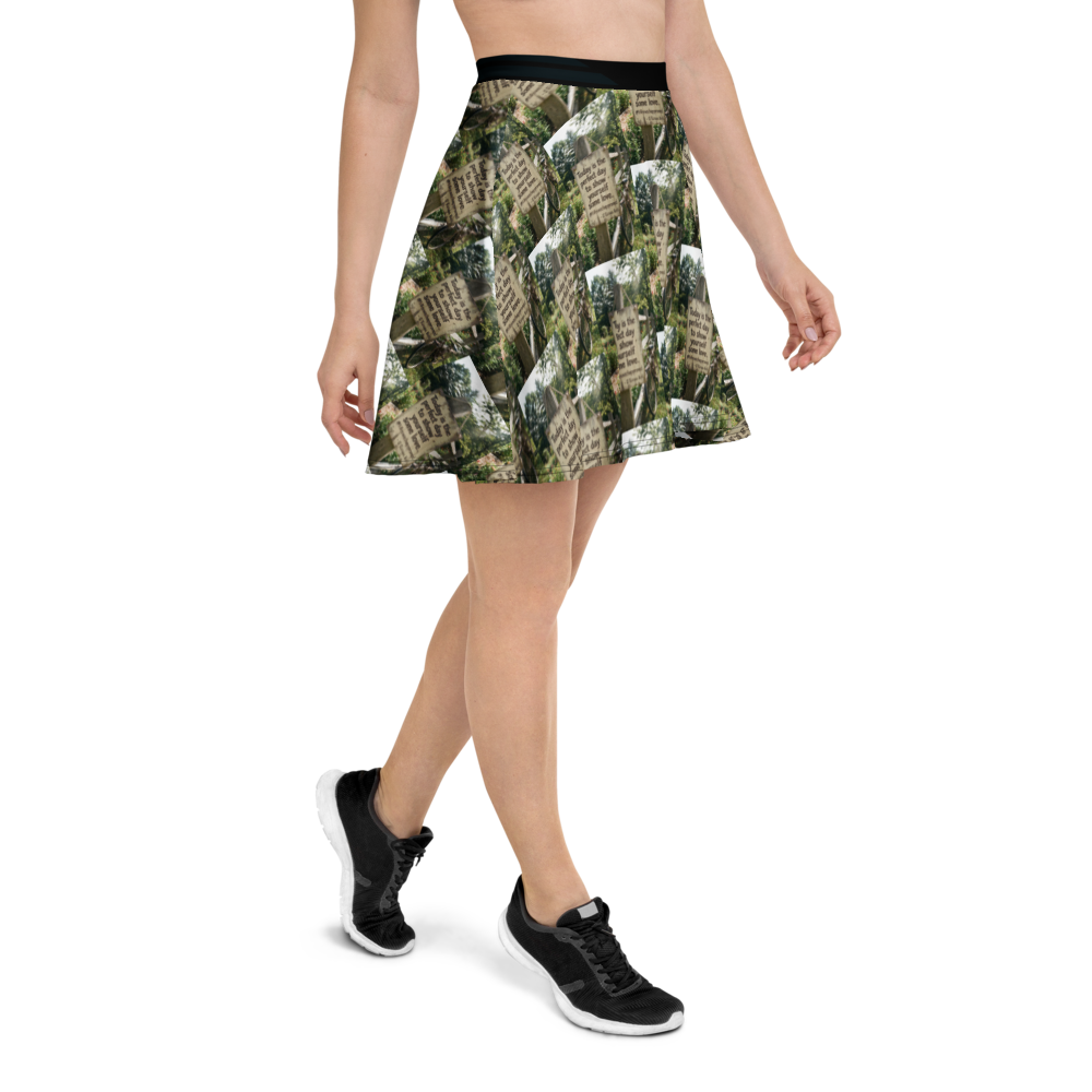 Green printed skater skirt with black waistband, flared skirt hem