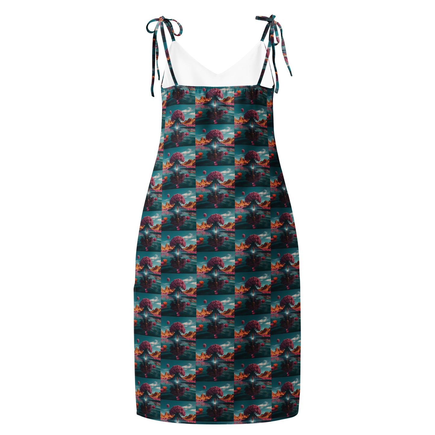 Teal tie-strap midi dress with V-neck and checkerboard ocean-themed print.