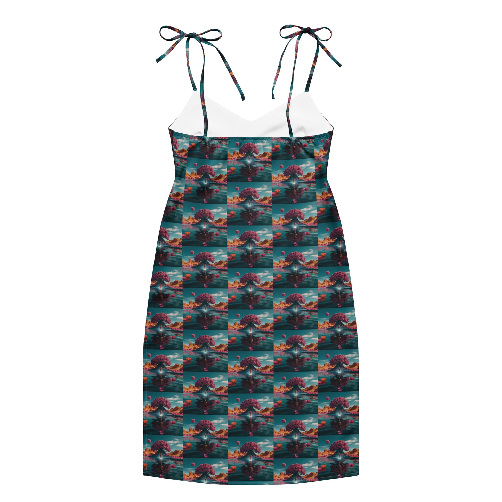Bird-print tie-strap midi dress with teal check pattern and adjustable shoulder ties