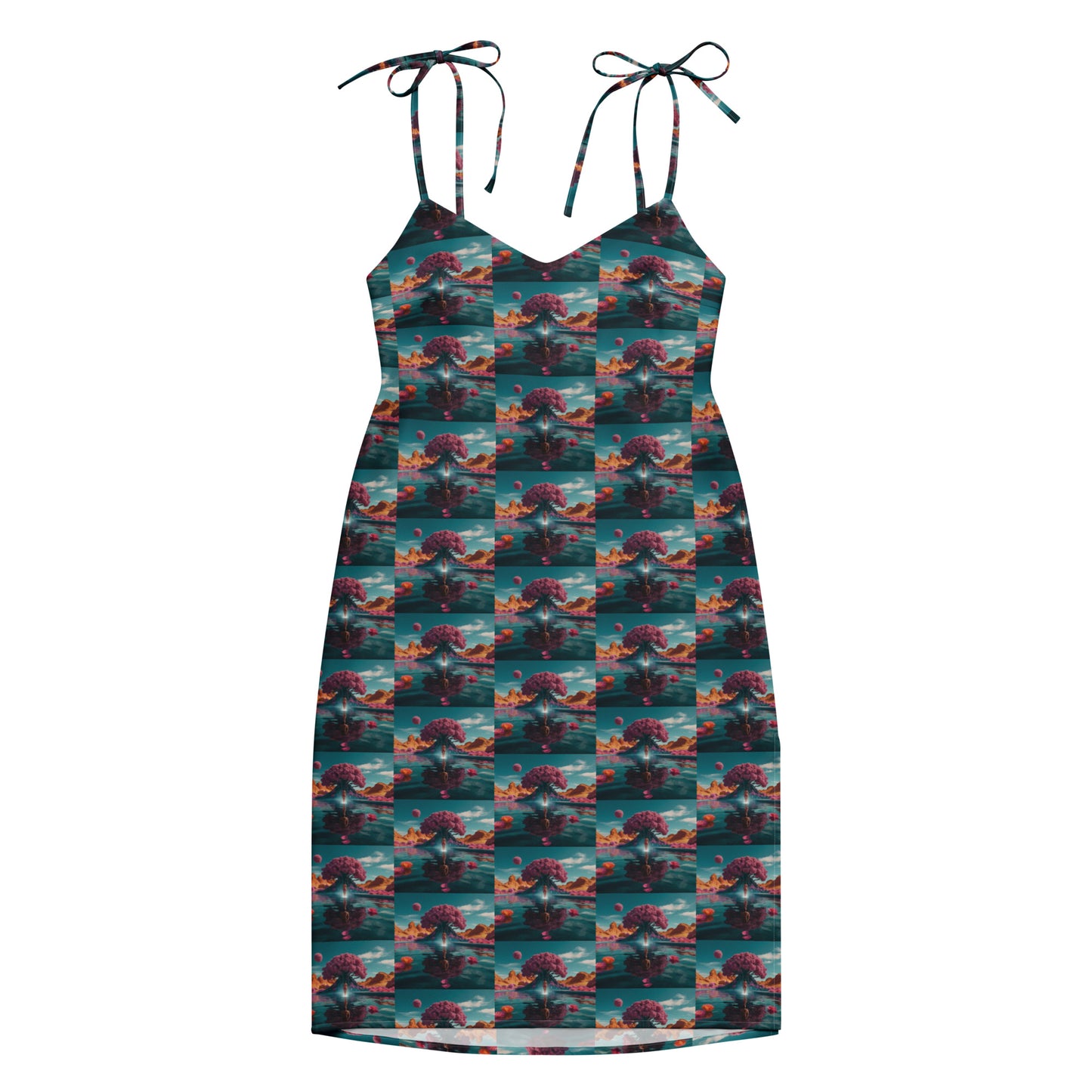 Flat lay ocean-print tie-strap midi dress with V-neck and multicolor pattern.
