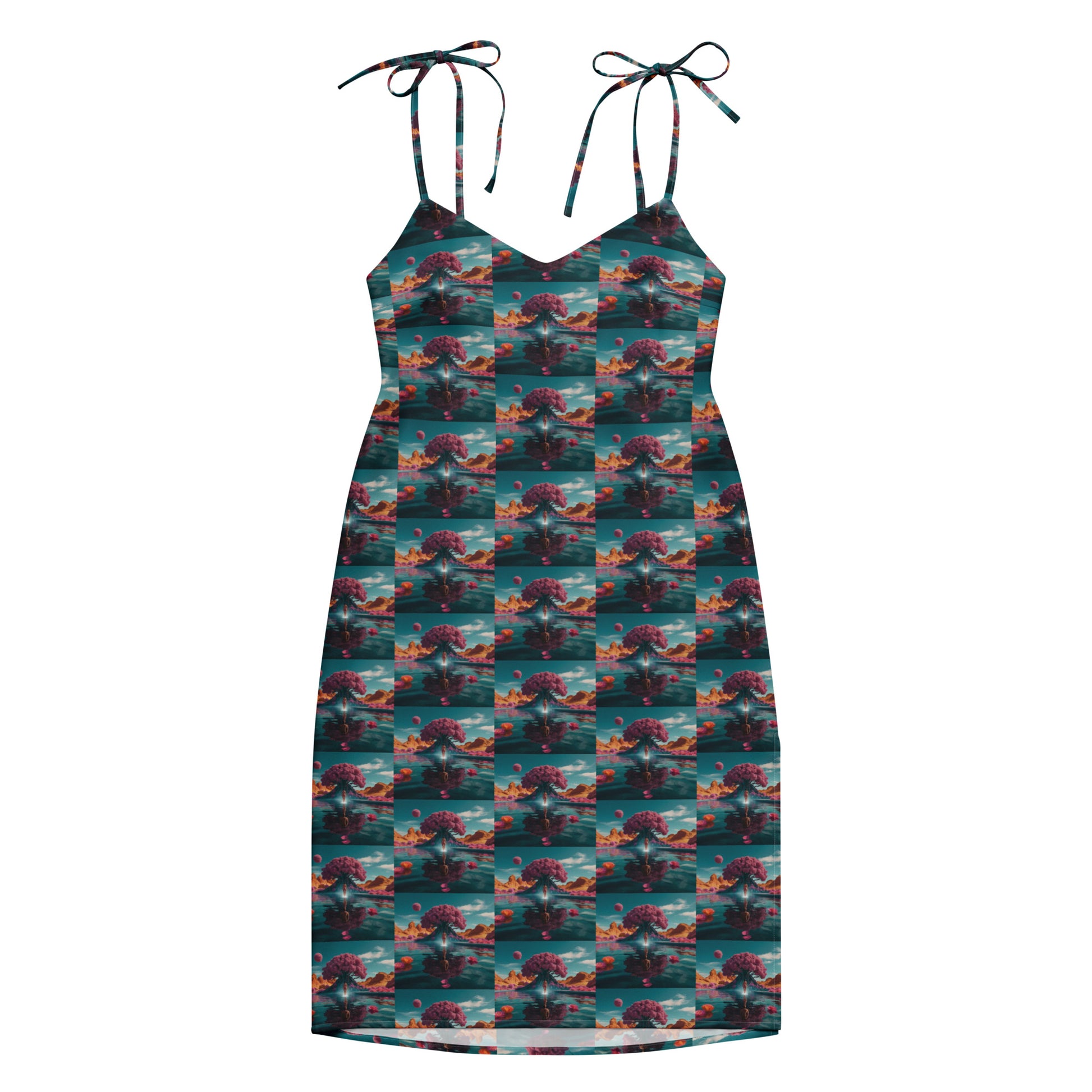 Flat lay ocean-print tie-strap midi dress with V-neck and multicolor pattern.