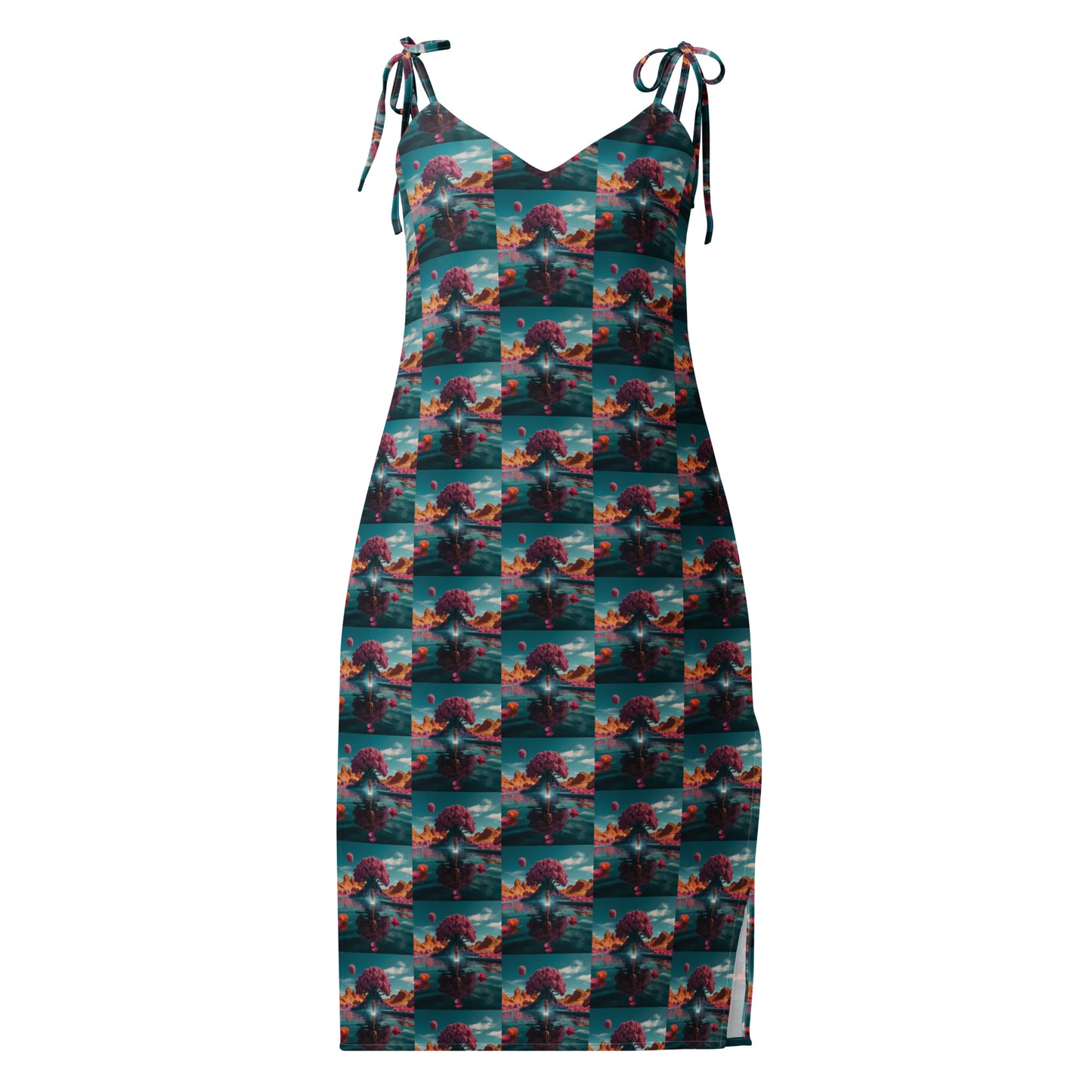 V-neck tie-strap midi dress with teal check bird print and adjustable spaghetti straps