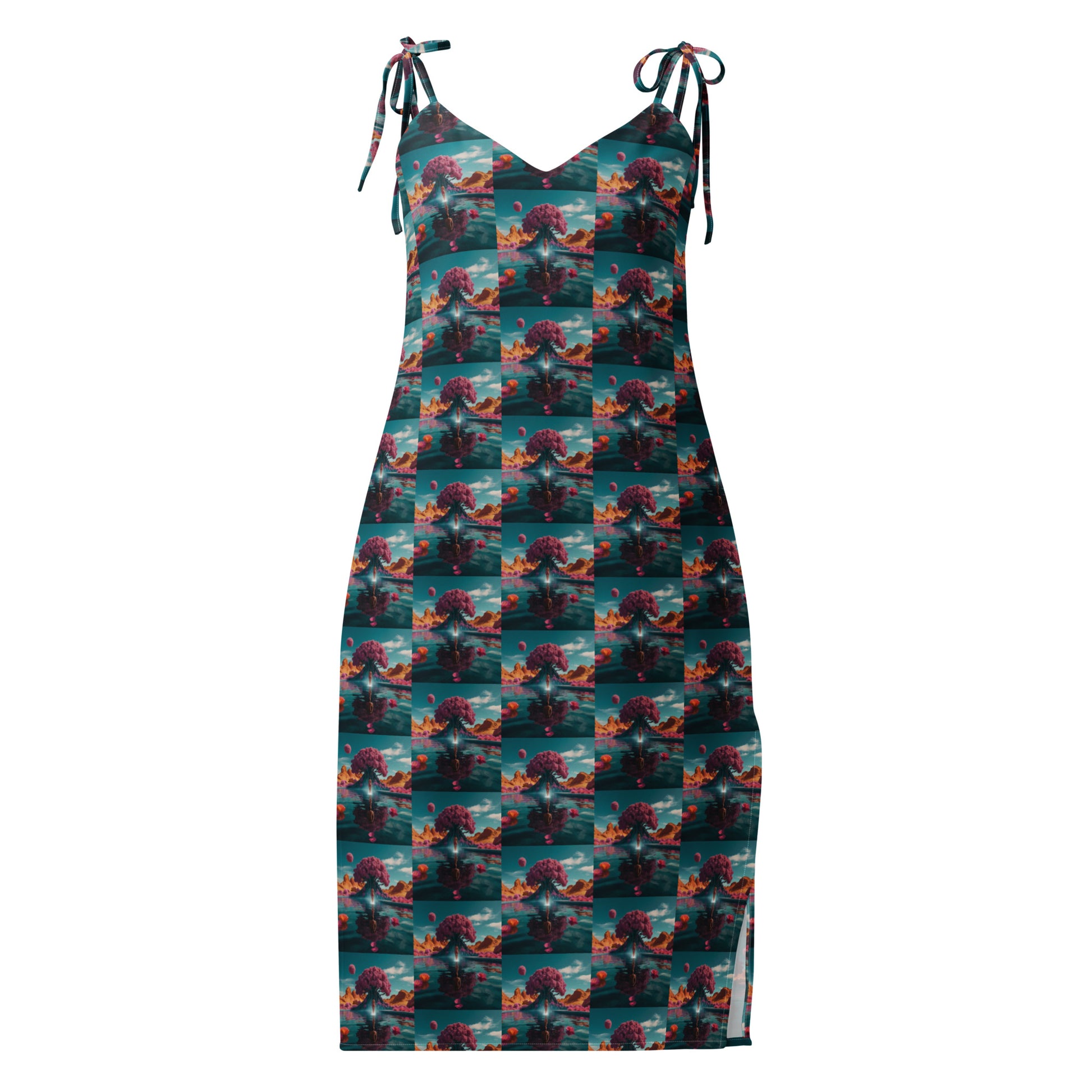 V-neck tie-strap midi dress with teal check bird print and adjustable spaghetti straps