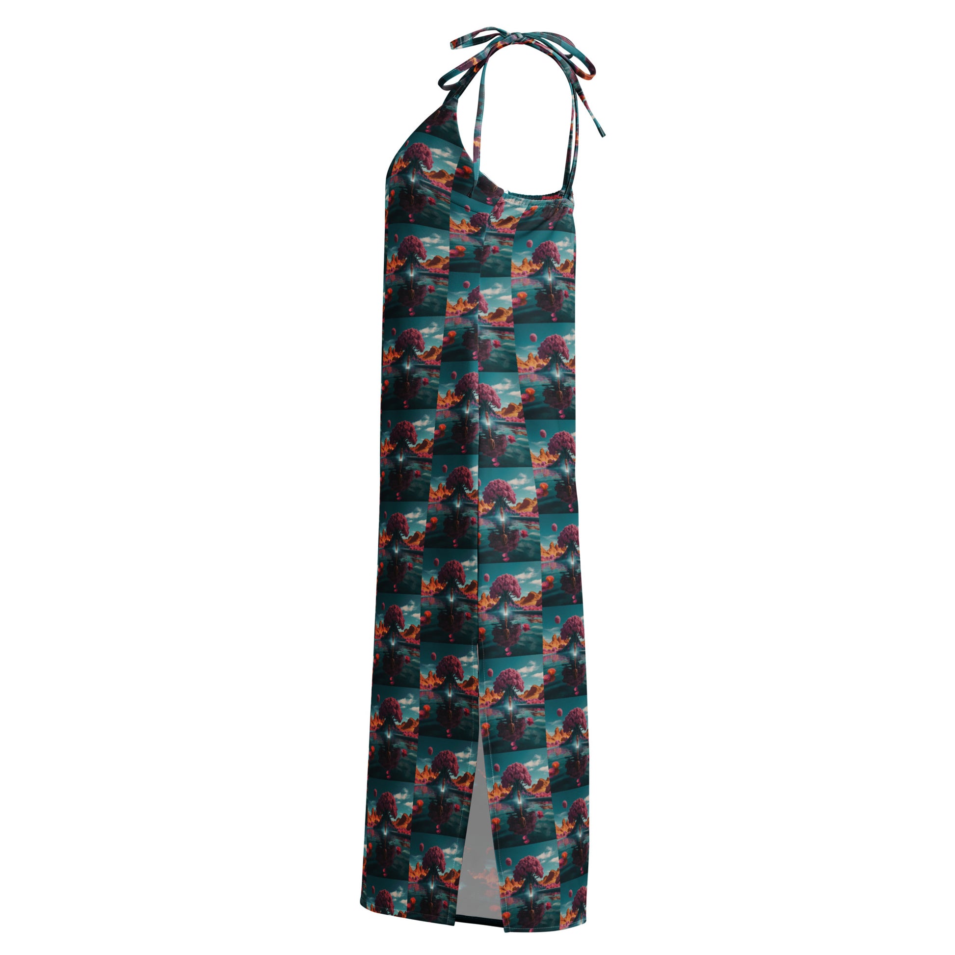 Angled tie-strap midi dress with teal check bird pattern and front slit