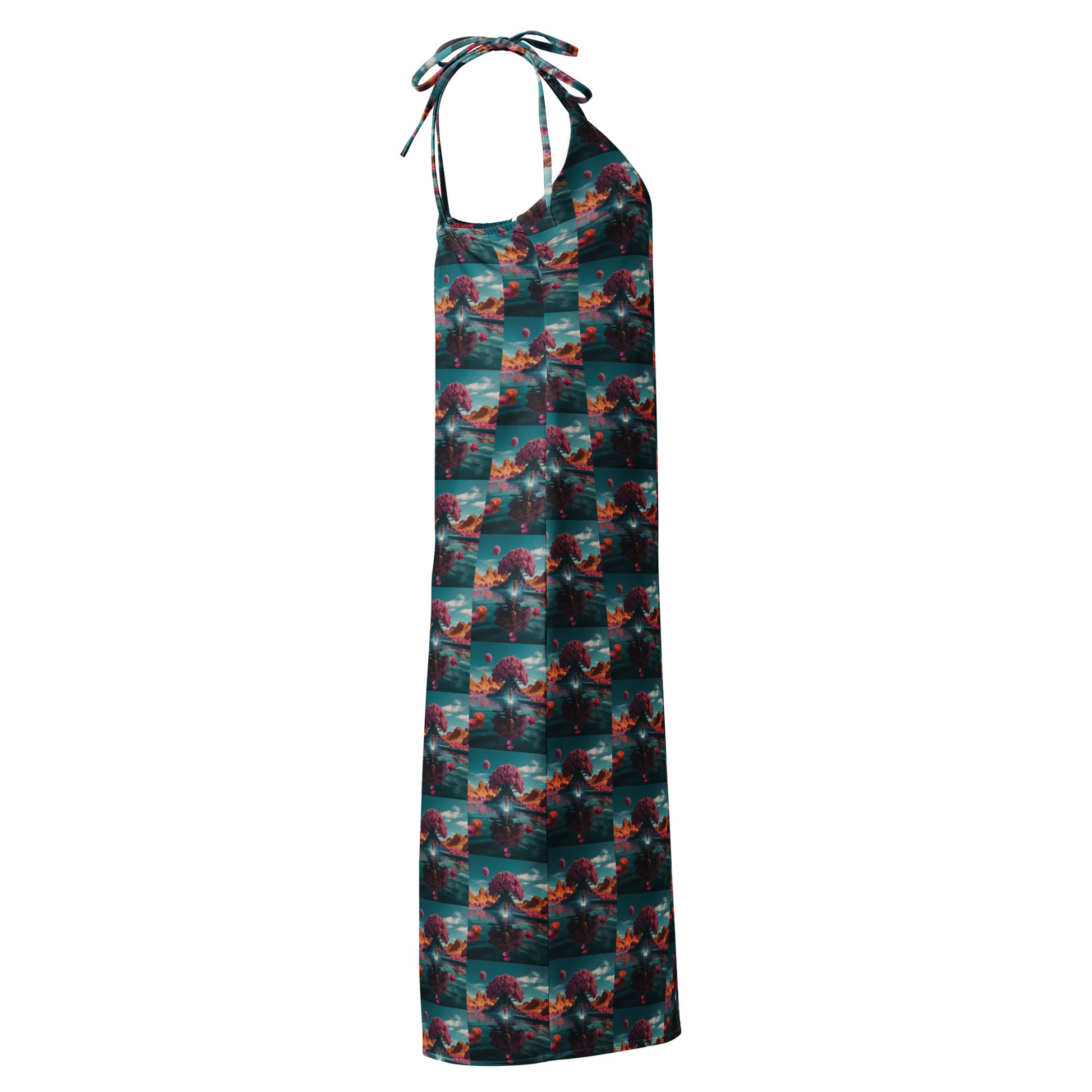 Angled tie-strap midi dress with teal check bird print and tied neckline straps