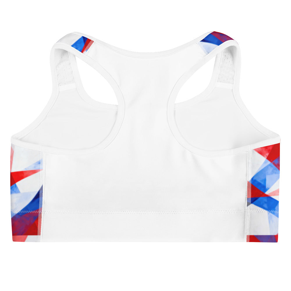 Back view sports bra with white racerback straps and red, blue, and white side print