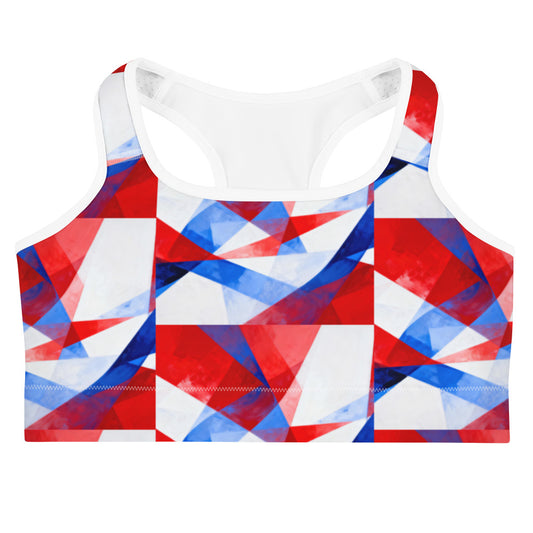 Sports bra with red, white, and blue geometric print and white racerback straps