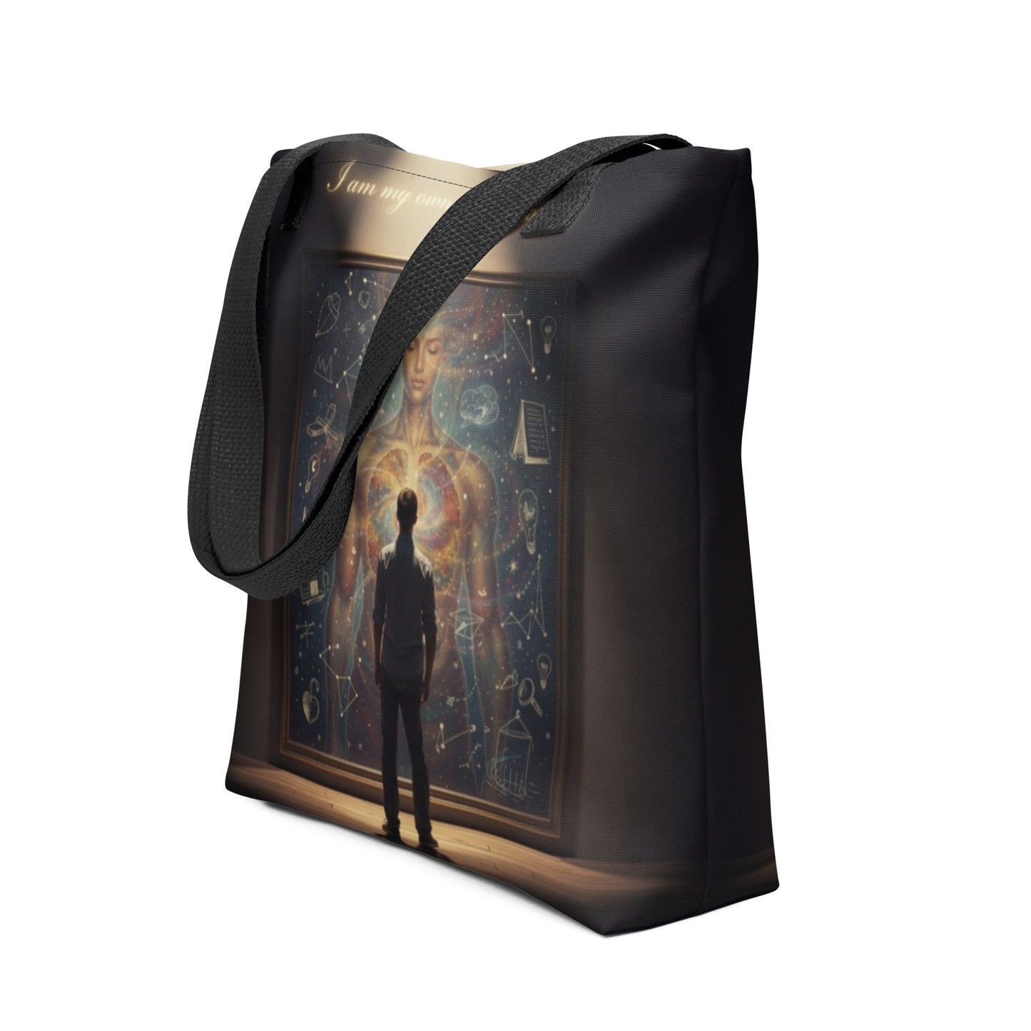 LifeCoachApproved Inspiration Generation tote bag, black with full-color artwork and black handles