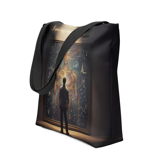 LifeCoachApproved Inspiration Generation tote bag, black with full-color artwork and black handles