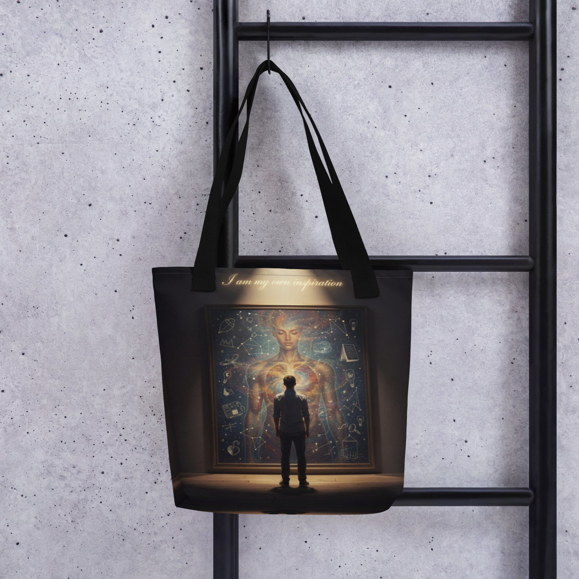 LifeCoachApproved Inspiration Generation tote bag, black with front graphic panel and long handles