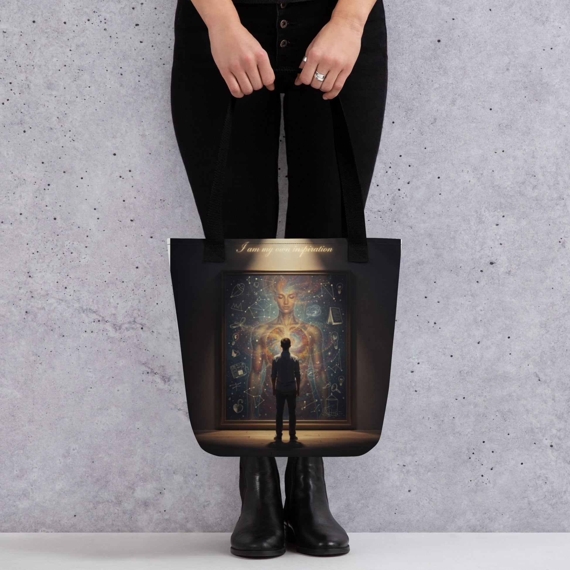 LifeCoachApproved Inspiration Generation tote bag, black with front graphic panel and top handles