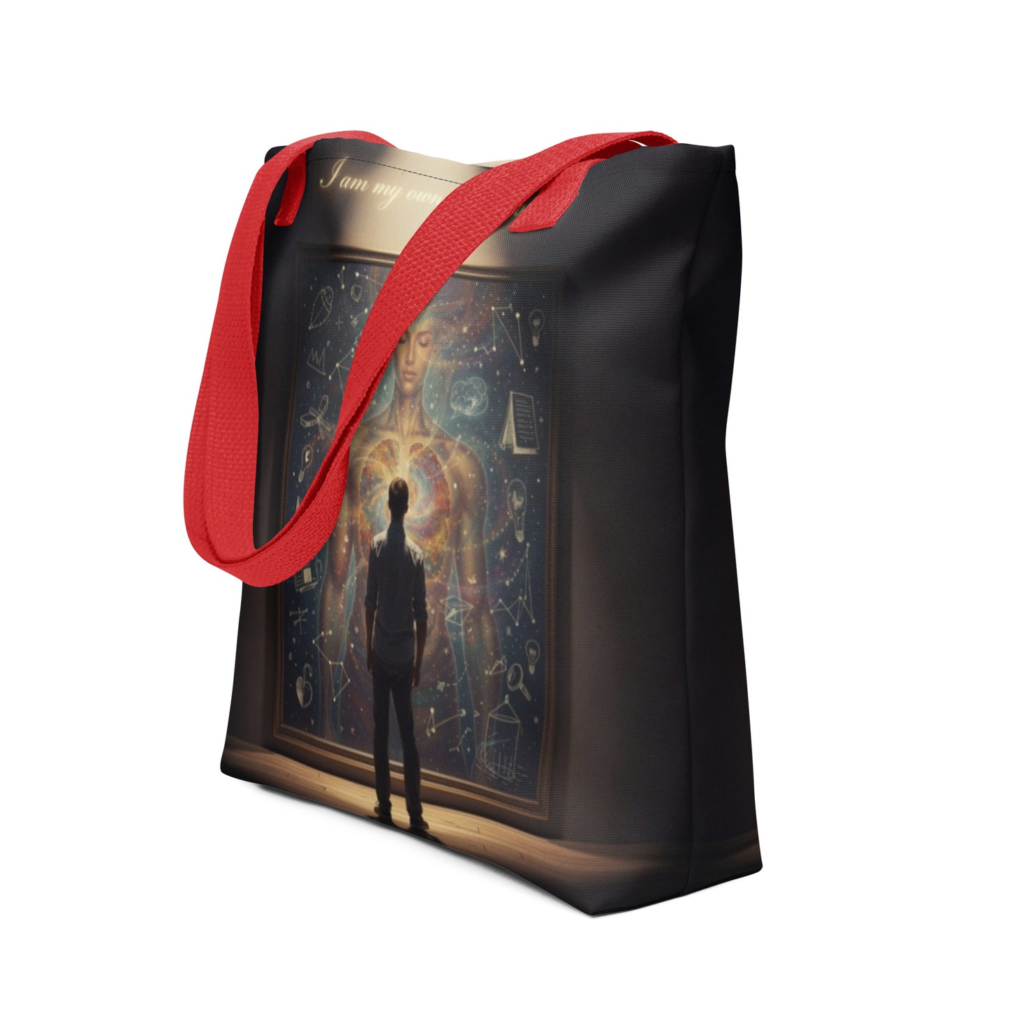 LifeCoachApproved Inspiration Generation tote bag, black with colorful artwork and red handles