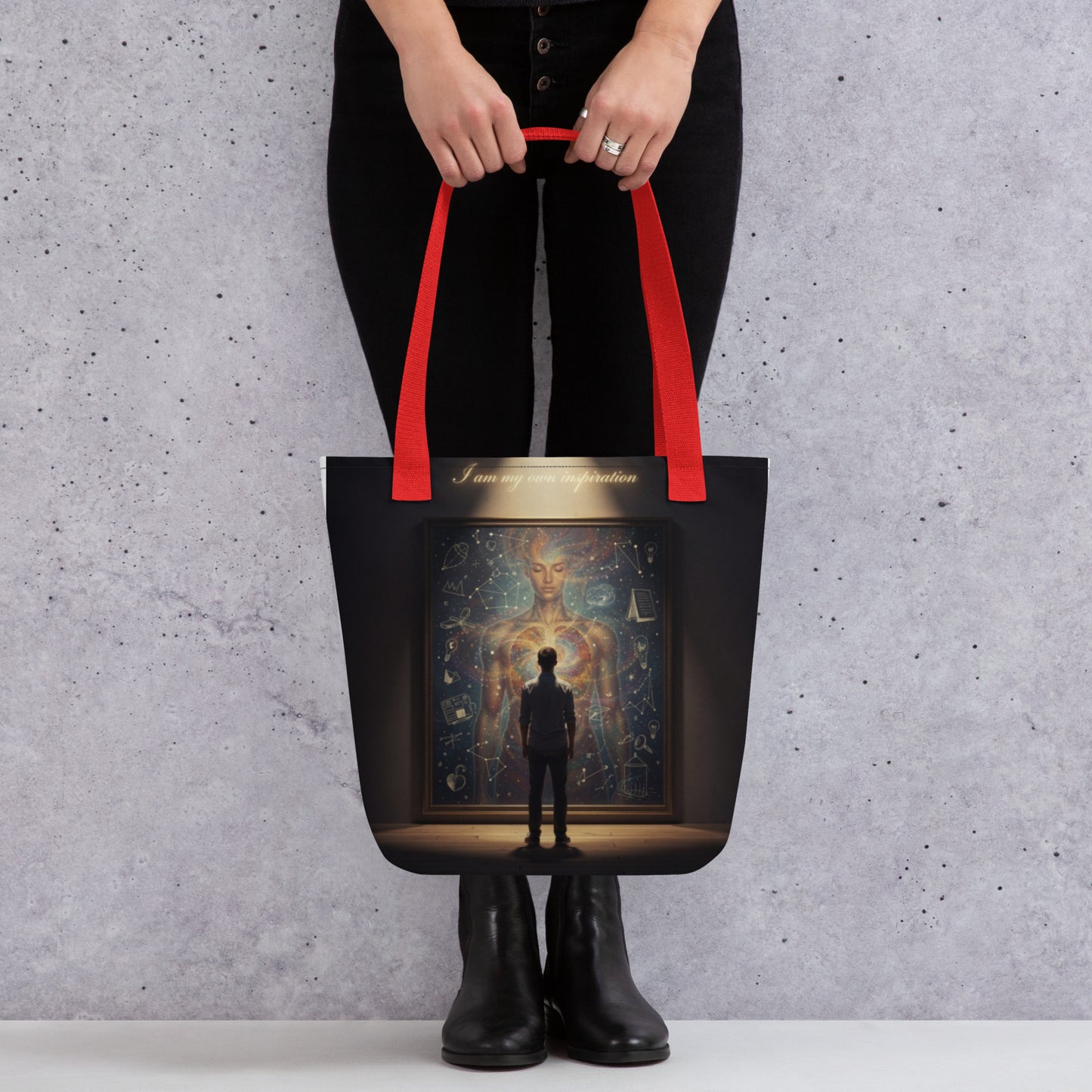 LifeCoachApproved Inspiration Generation tote bag, black with front graphic panel and red handles