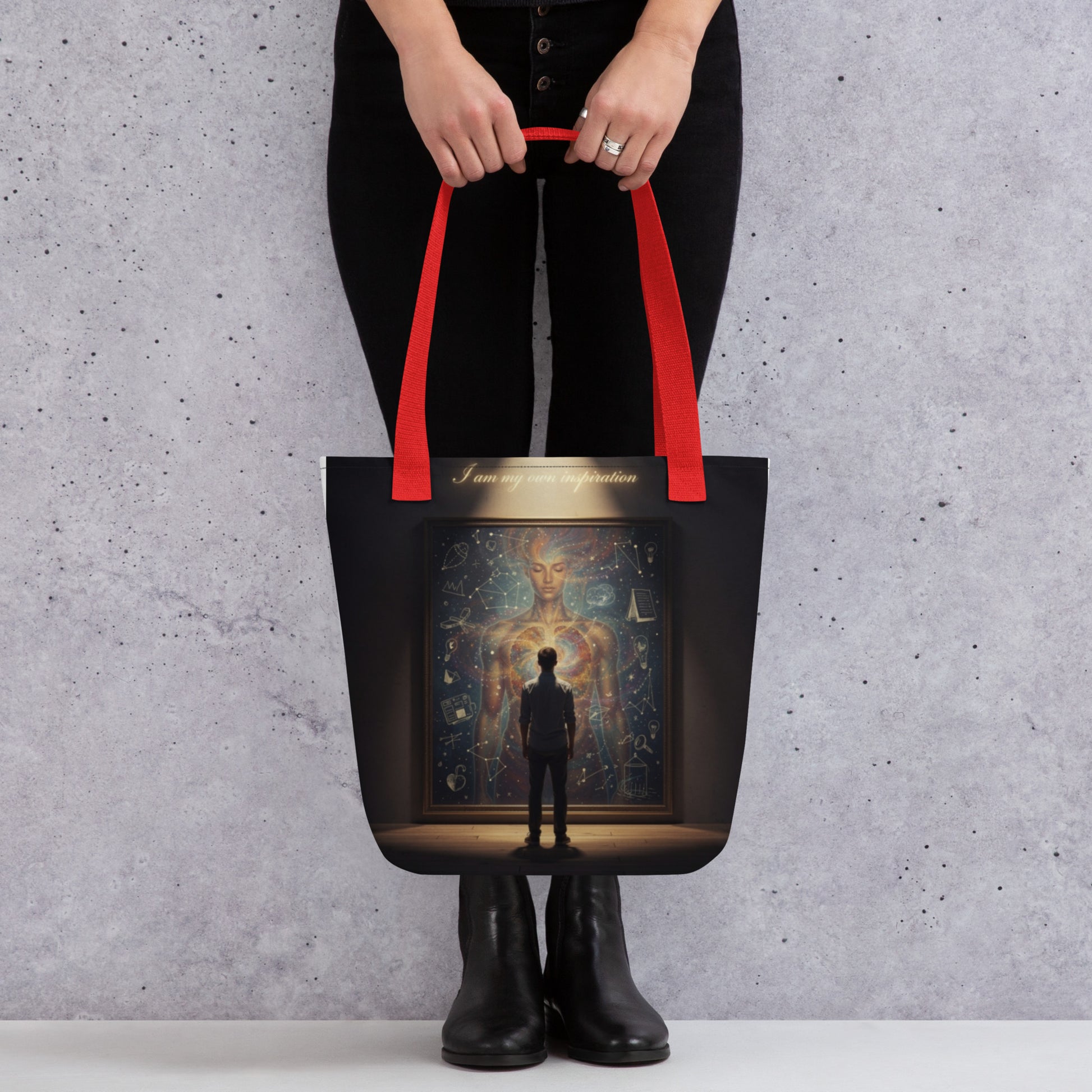 LifeCoachApproved Inspiration Generation tote bag, black with front graphic panel and red handles