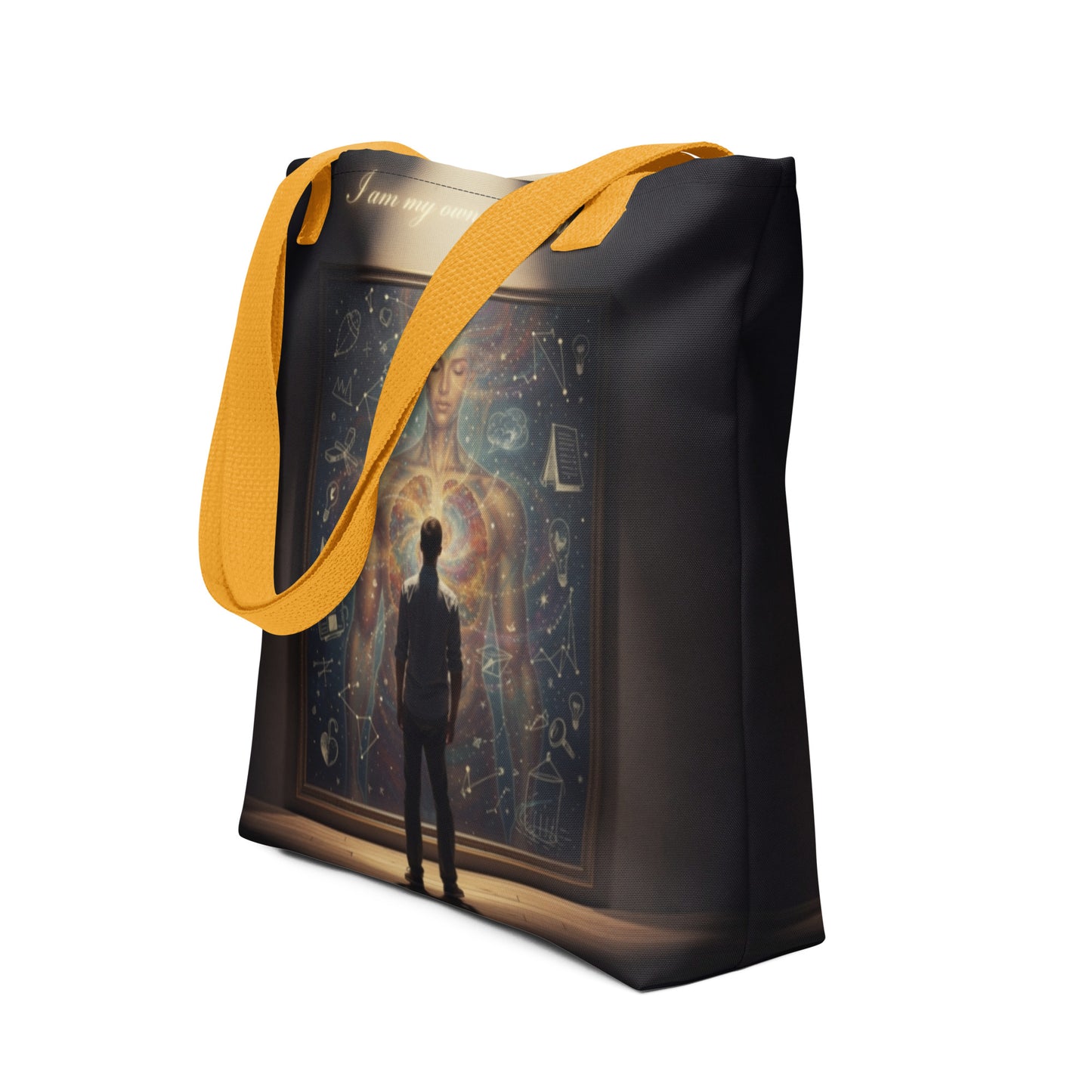 LifeCoachApproved Inspiration Generation tote bag, black with colorful artwork and yellow handles