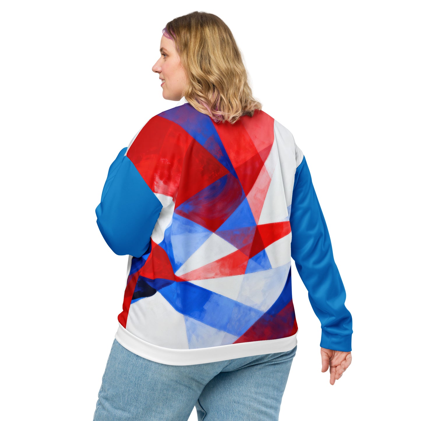 Unisex bomber jacket, back view, white red and blue geometric flag print; ribbed hem.