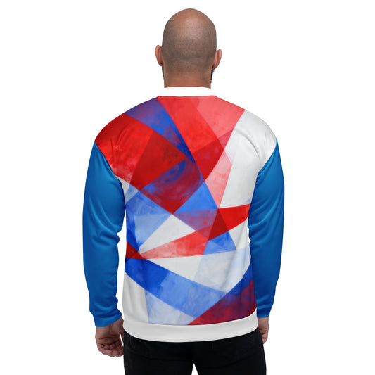 Unisex bomber jacket back view with red, white, and blue geometric pattern