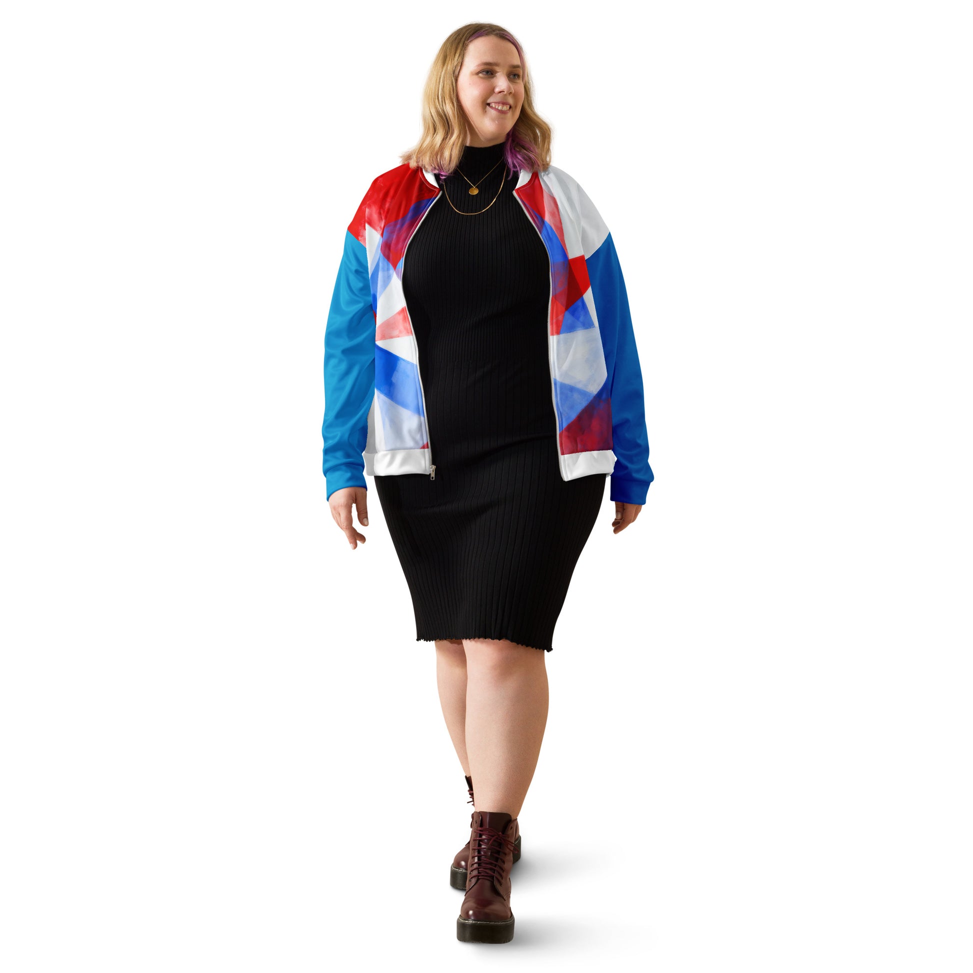Unisex bomber jacket with white, red, and blue geometric flag print; ribbed cuffs.