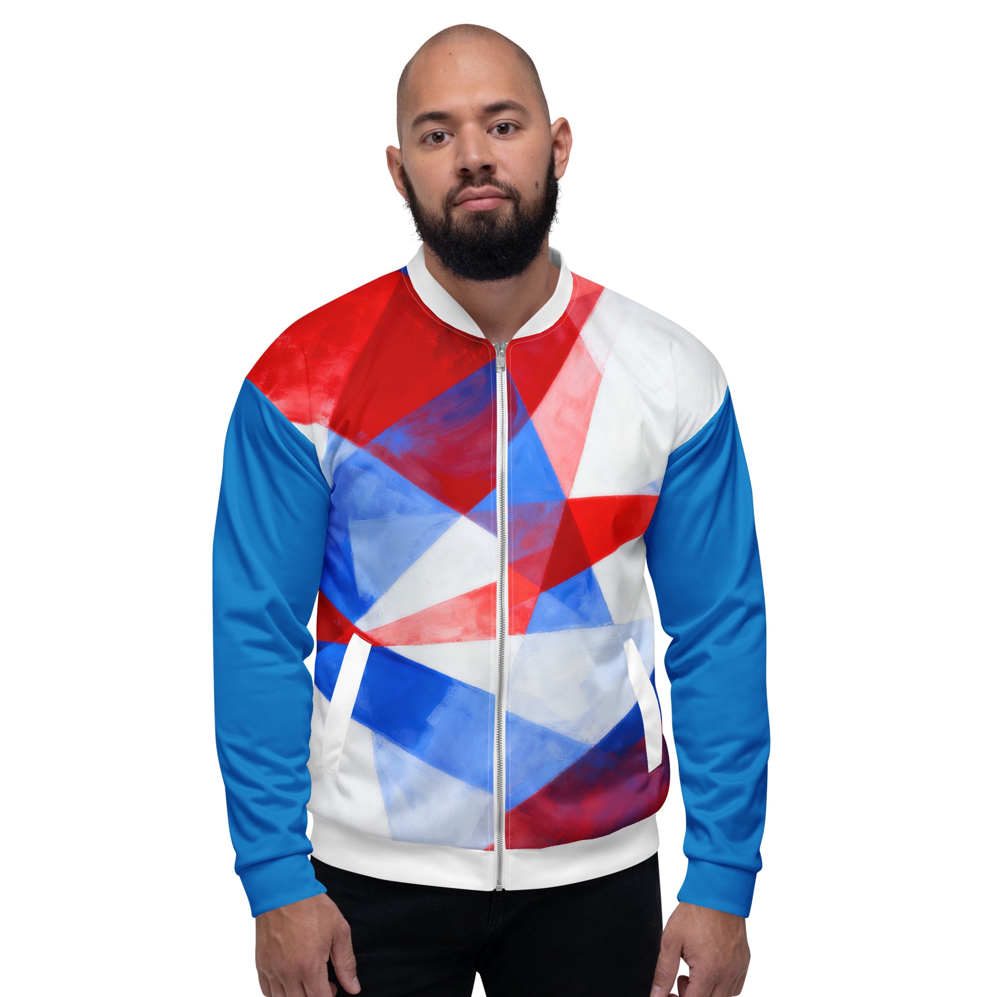 Unisex bomber jacket with white, red, and blue geometric flag pattern; zip front.