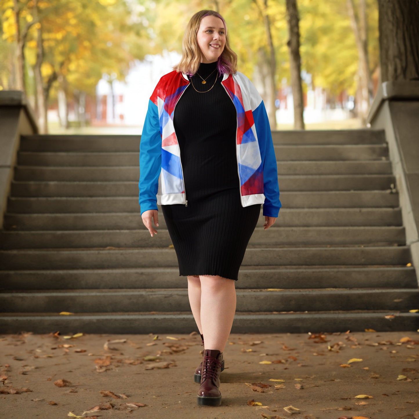 Unisex bomber jacket with red, blue, and white diamond panels and zip front