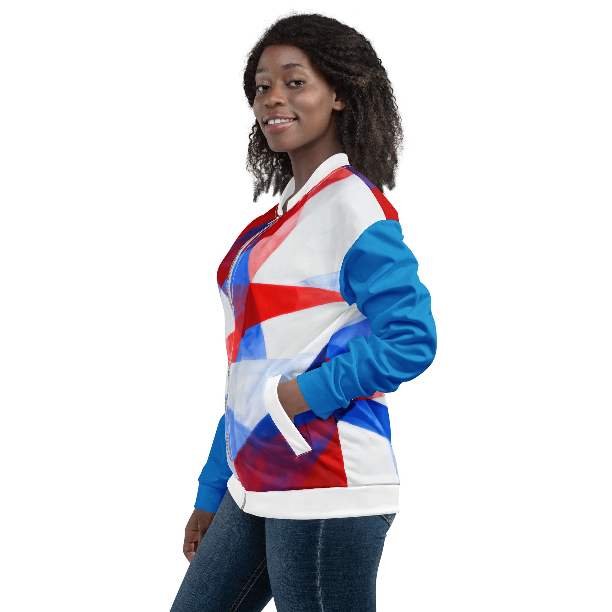 Unisex bomber jacket side view with white, red, and blue geometric flag print.