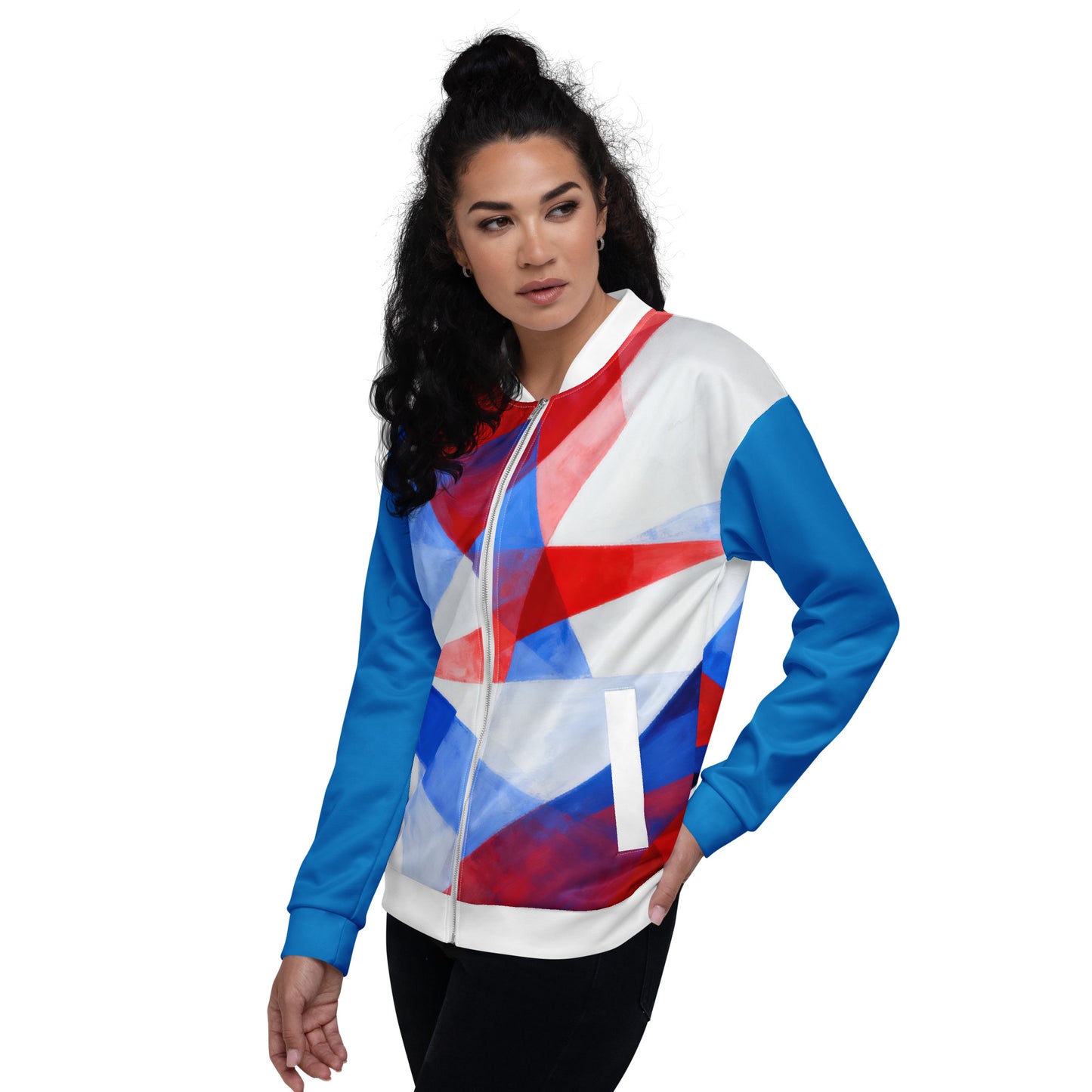 Unisex bomber jacket front view with white, red, and blue geometric flag print.