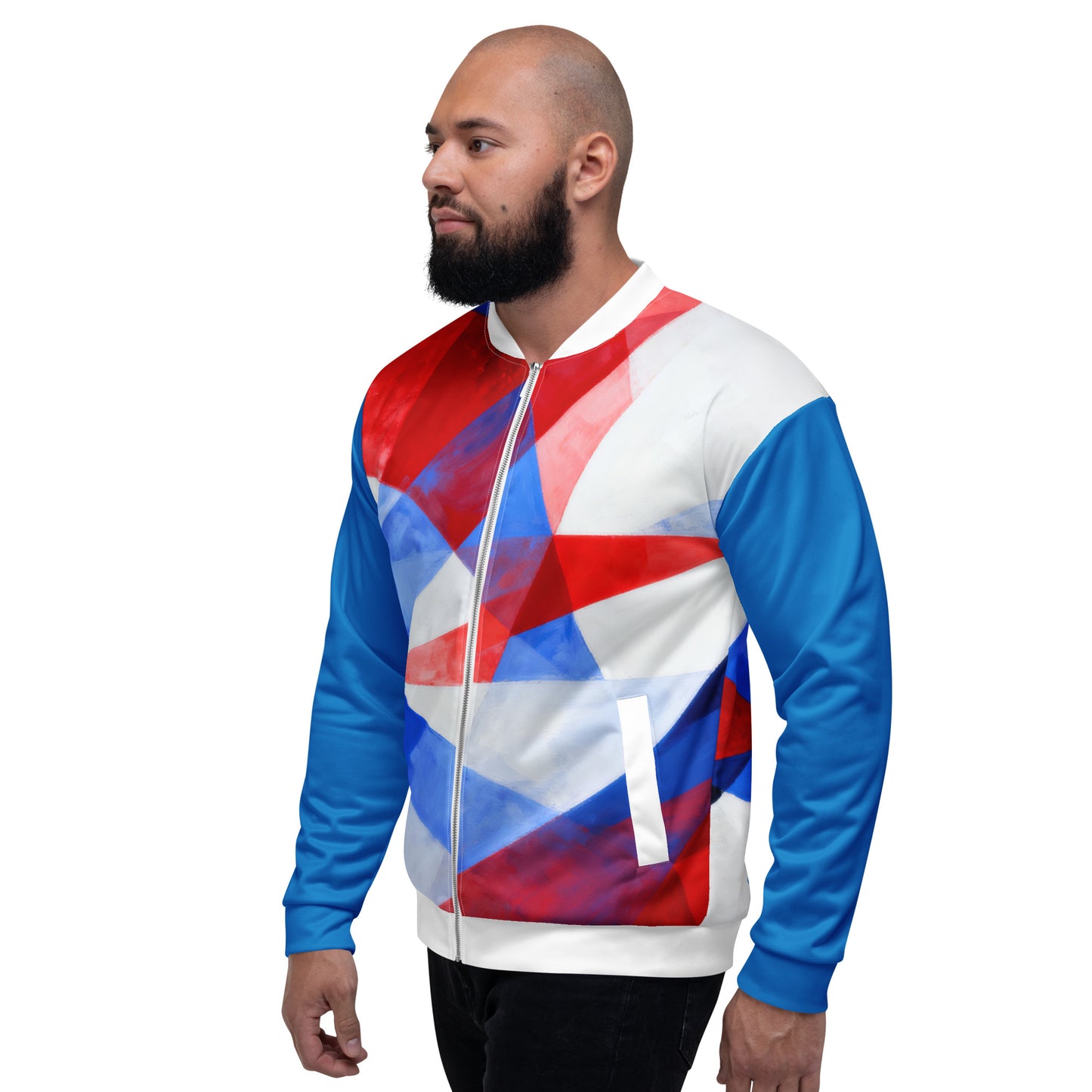 Unisex bomber jacket in white/red/blue geometric flag print; front zipper.