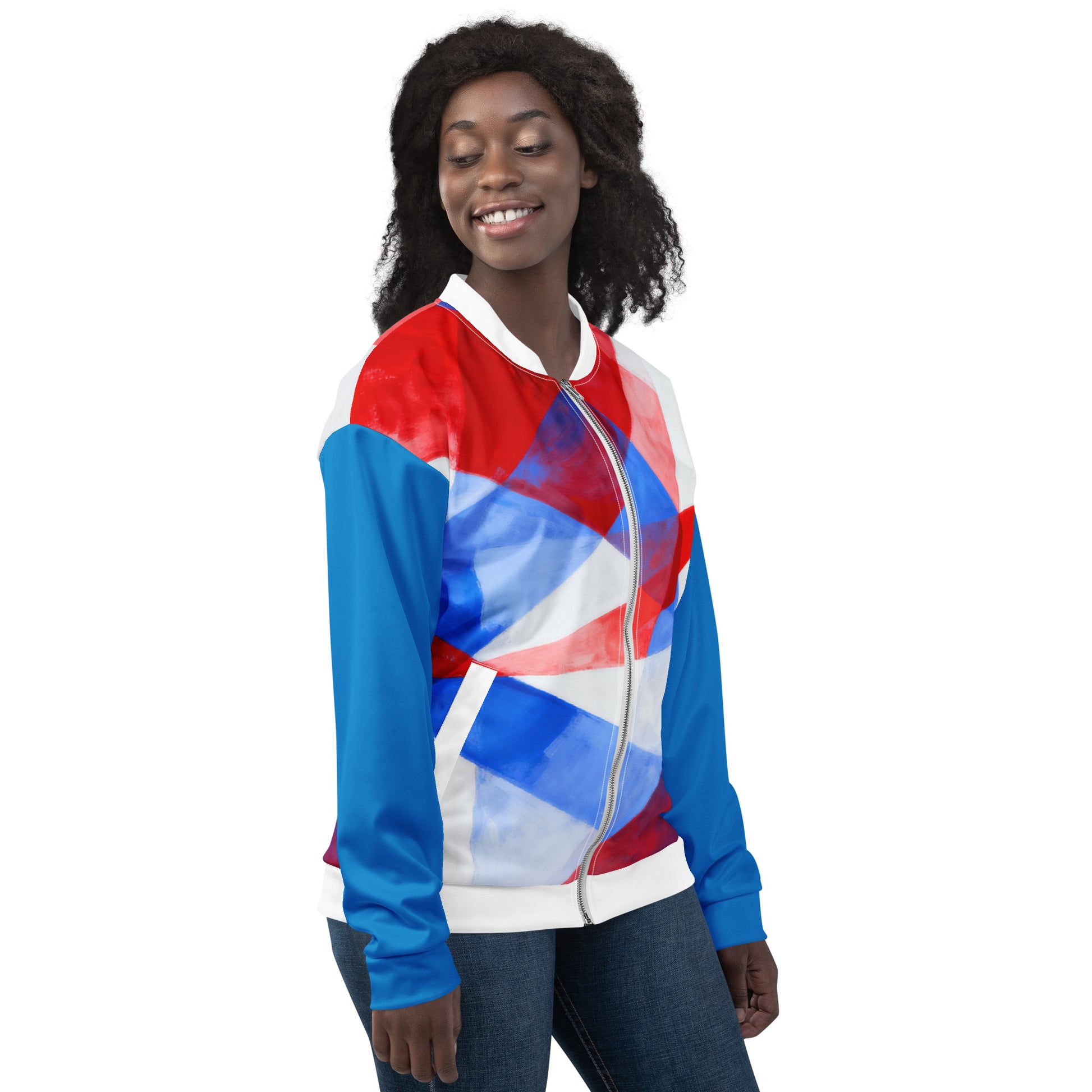 Unisex bomber jacket with white, red, and blue geometric flag print; zip front.