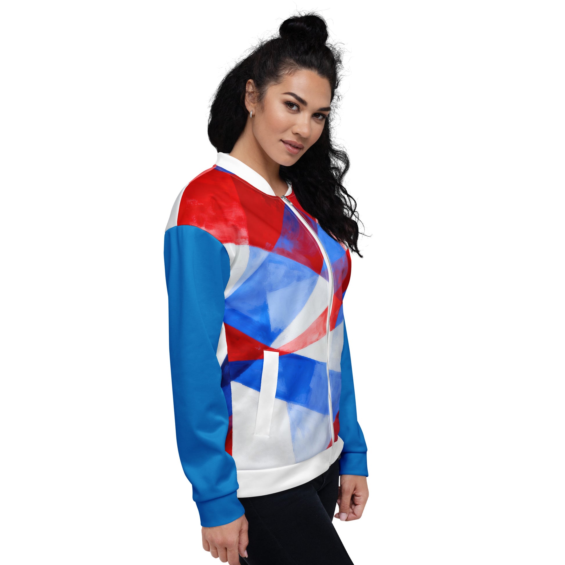 Unisex bomber jacket side view with white, red, and blue geometric flag print; zip.