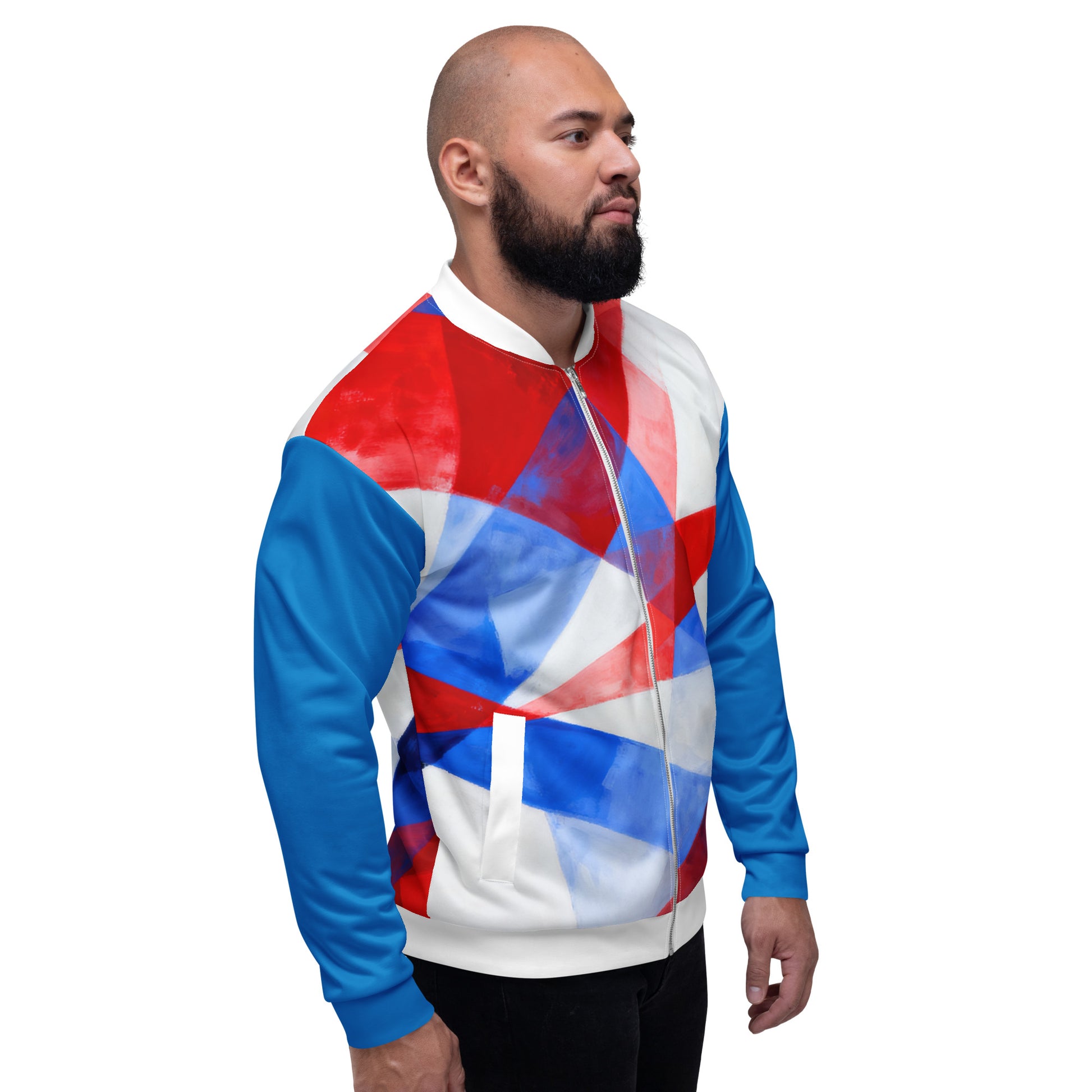Unisex bomber jacket with white, red, and blue geometric flag print; ribbed collar.