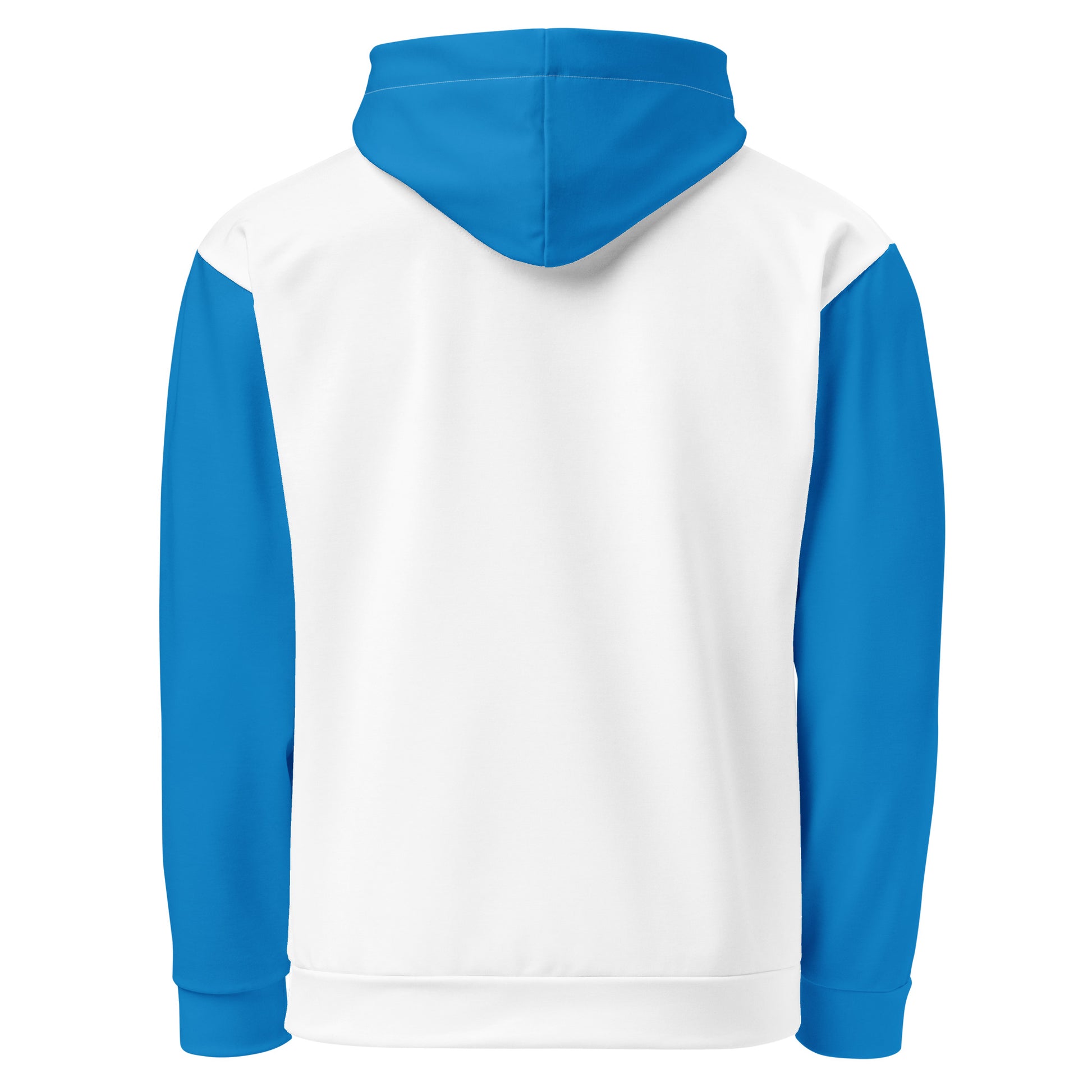 Unisex cotton hoodie back view, blue hood and sleeves, white back panel