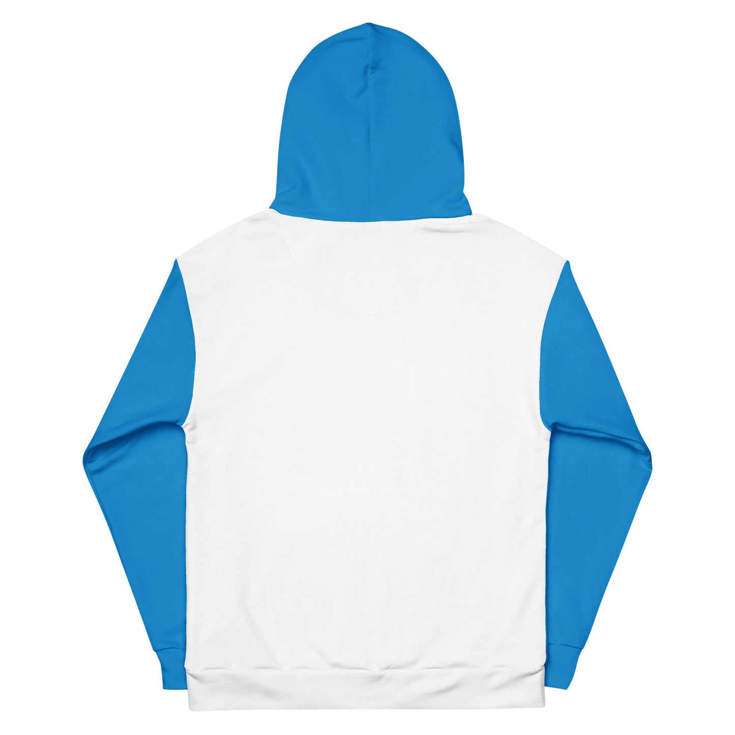 Unisex cotton hoodie back view, white back with blue hood and sleeves, no print visible