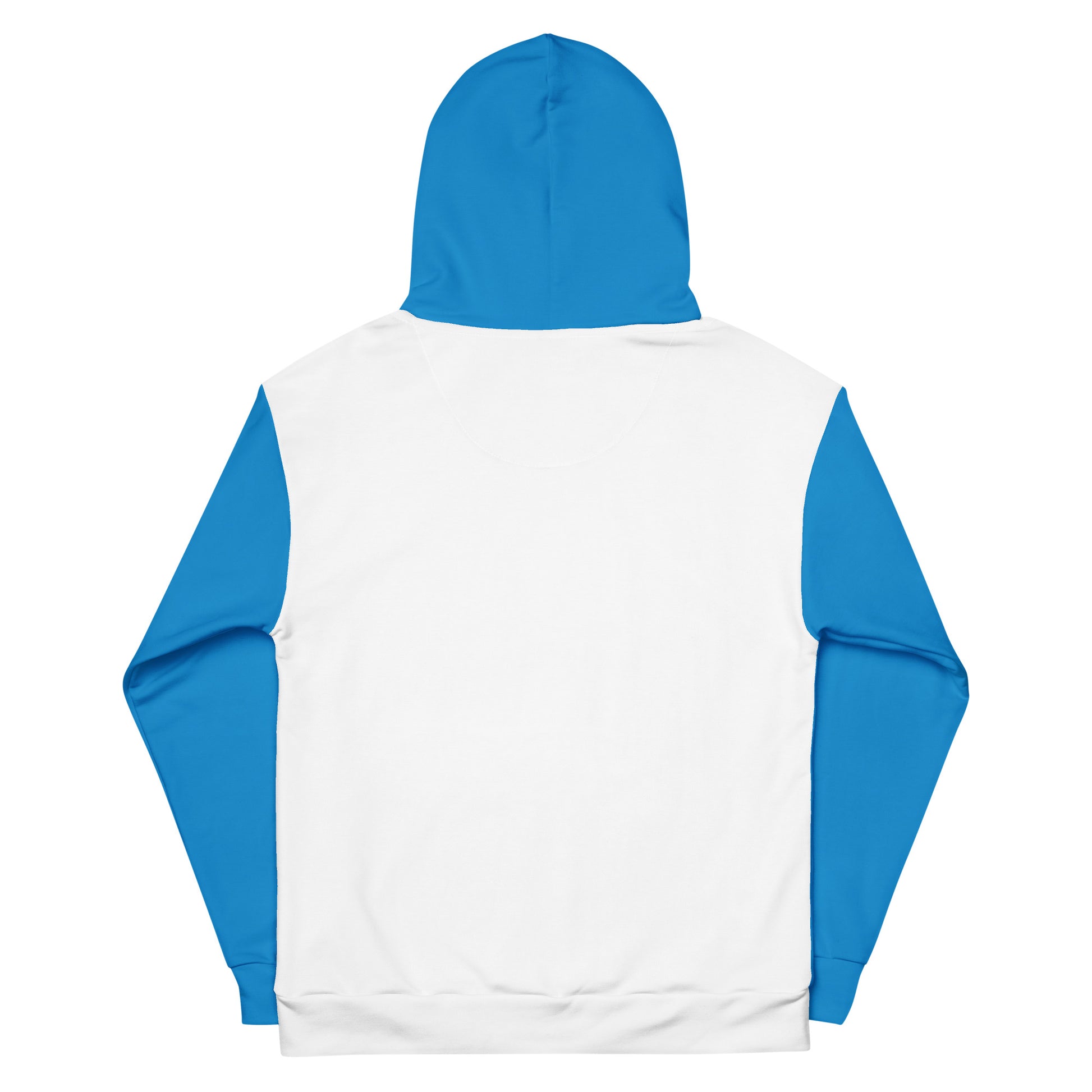 Unisex cotton hoodie back view, white back with blue hood and sleeves, no print visible