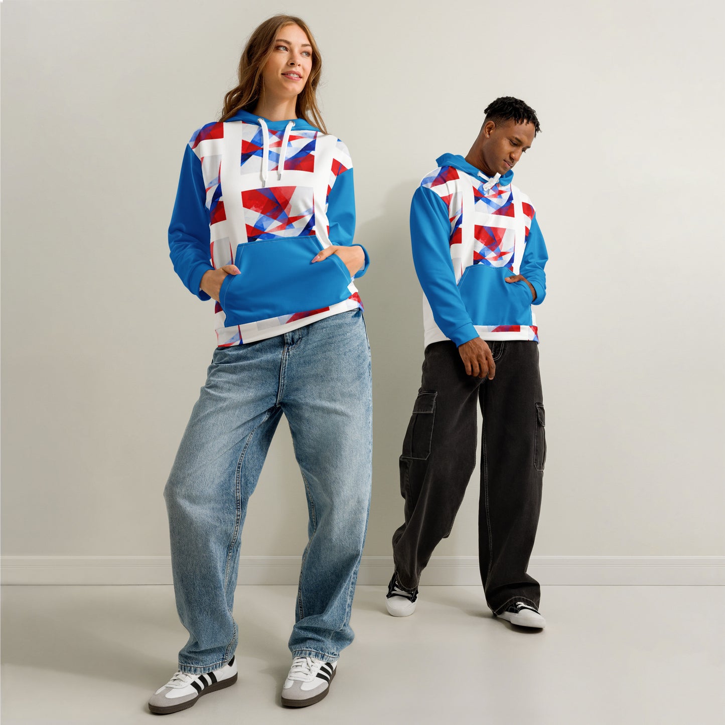 Unisex cotton hoodie with blue sleeves and white front, red/blue geometric flag print
