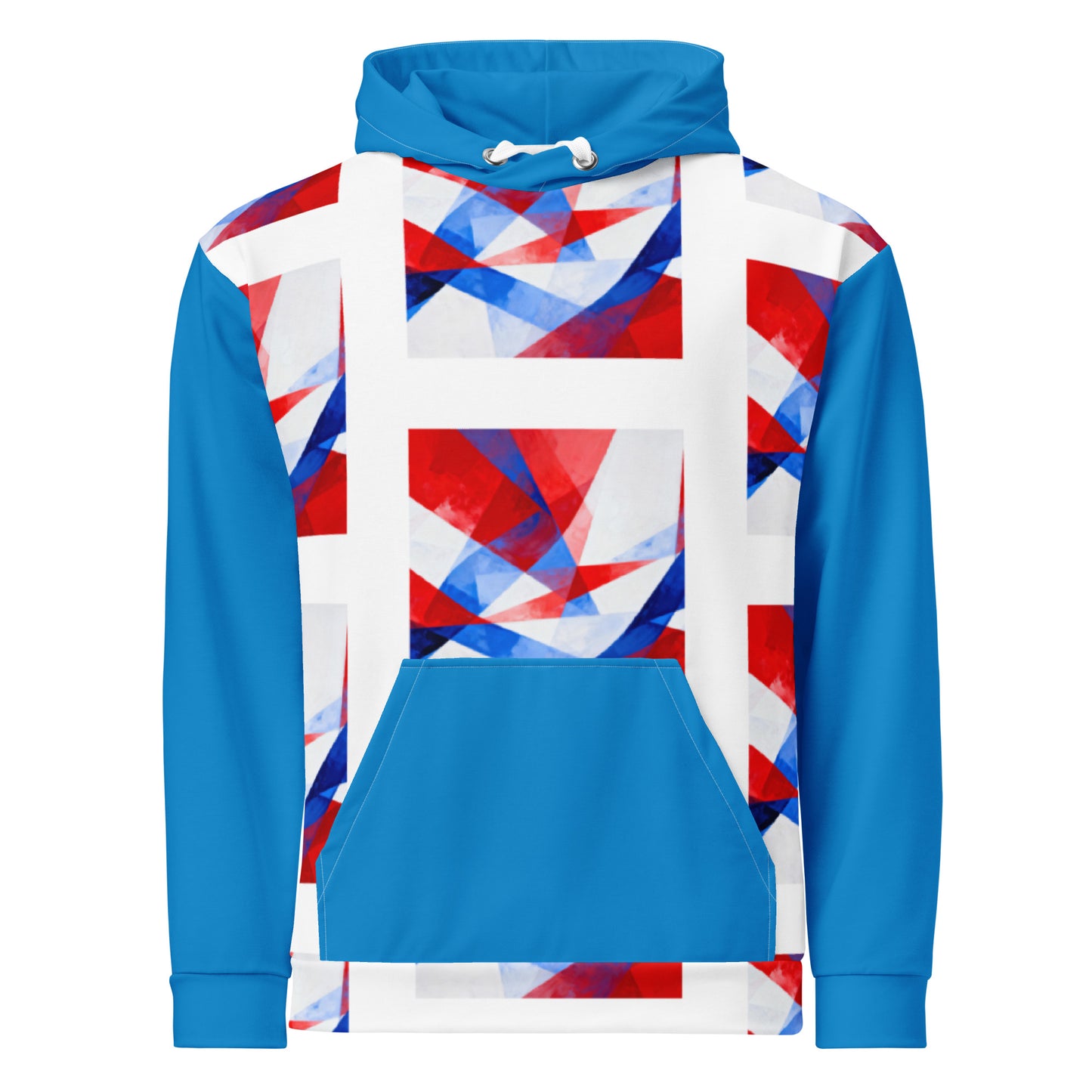 Unisex cotton pullover hoodie, blue sleeves and hood, white body with flag-style print