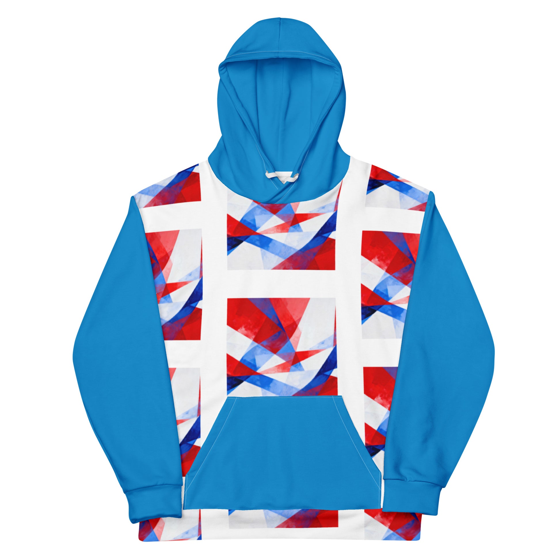 Unisex cotton hoodie with hood, blue sleeves and geometric red/blue print on white body