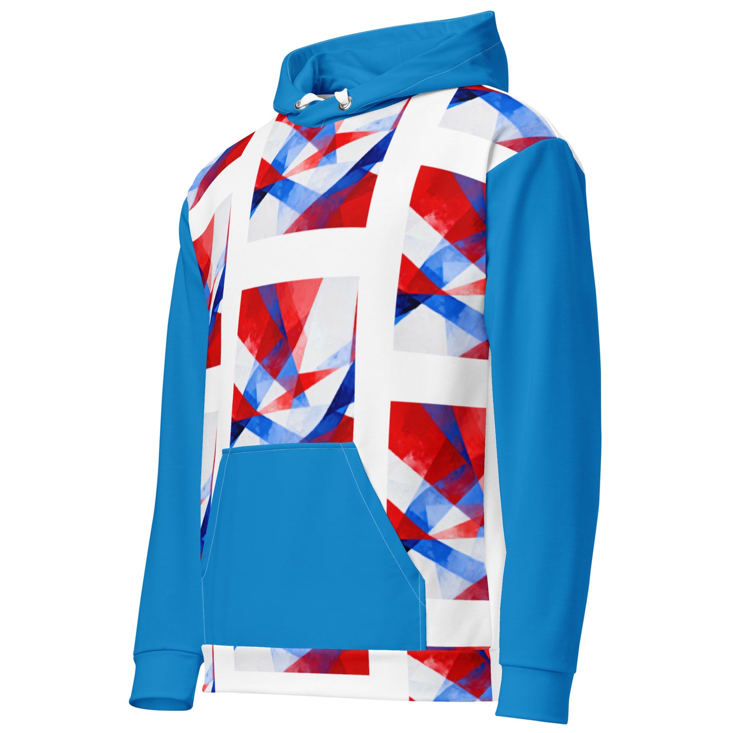 Unisex cotton hoodie 3/4 view, blue sleeves with white body and red/blue flag graphic